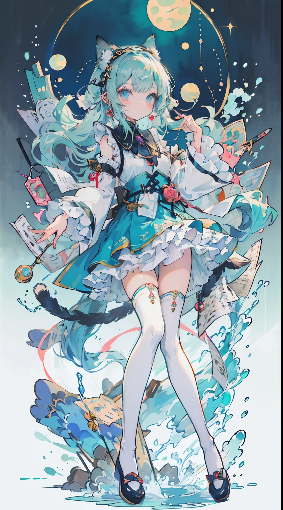 ((table top, highest quality: 1.1), ((Anime girl in a blue dress with a magic wand)), art nouveau、Anime cat girl wearing a maid costume, , ((Green hairs))、long haired person、((Eyes that shine like jewels, long eyelashes, and a sense of transparency))、Very Beautiful Anime cat girl, アニメcat girl, ((white knee highs)), 魅力的なcat girl, I&#39;m at the candy store,Inspired by Leiko Ikemura, Aya Takano color style, in ryuuou no oshigoto art style, cat girl, Character you admire, rei hiroe、Smiling