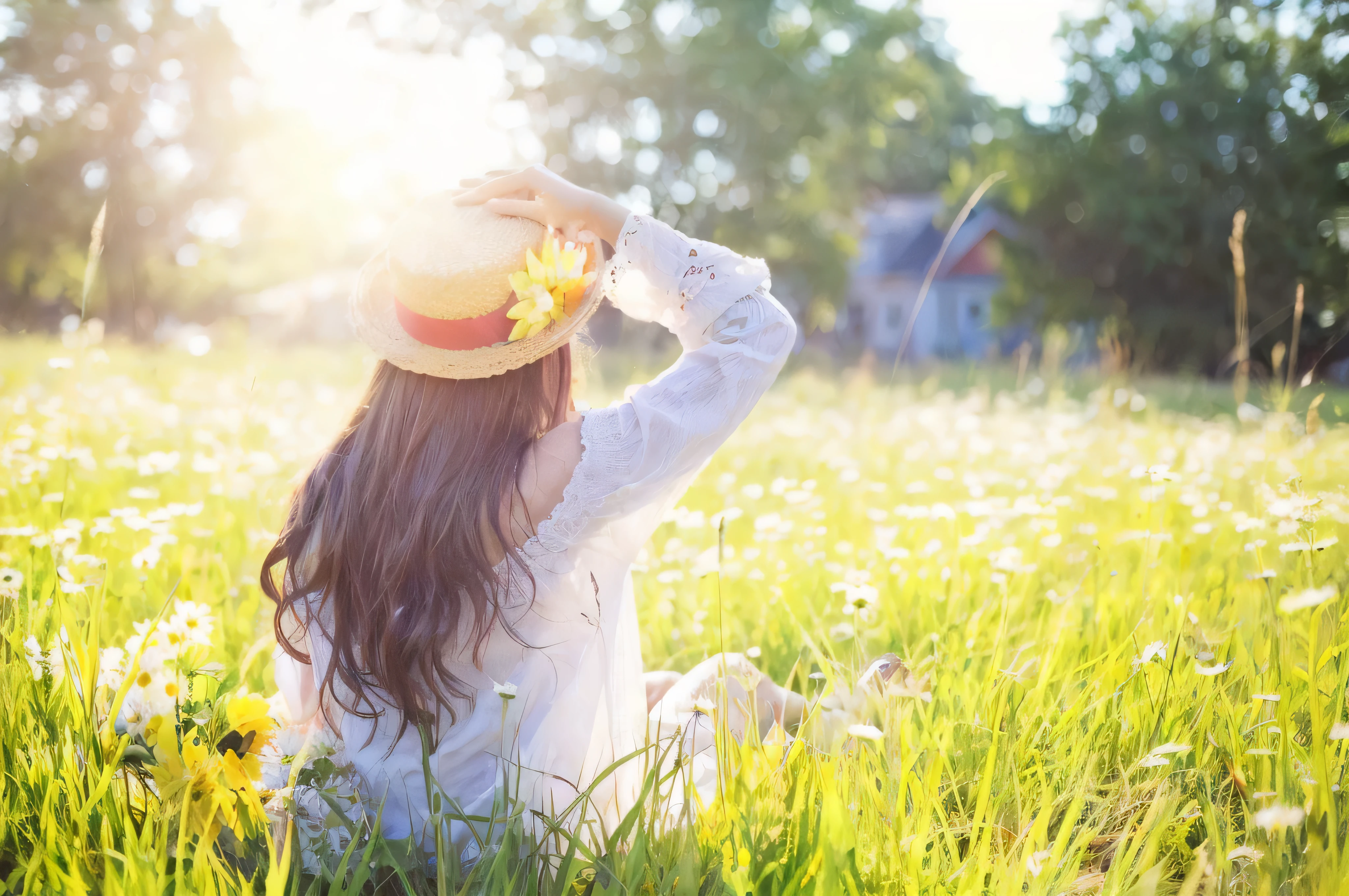 there is a woman sitting in a field with a hat on, on a sunny day, girl sitting in a flower field, in a sunny day, summer morning light, sitting in a field, in the sun, sunny day time, sitting in a field of flowers, summer afternoon, sunny morning light, sunny day, summer setting, in a grassy field, sunny environment