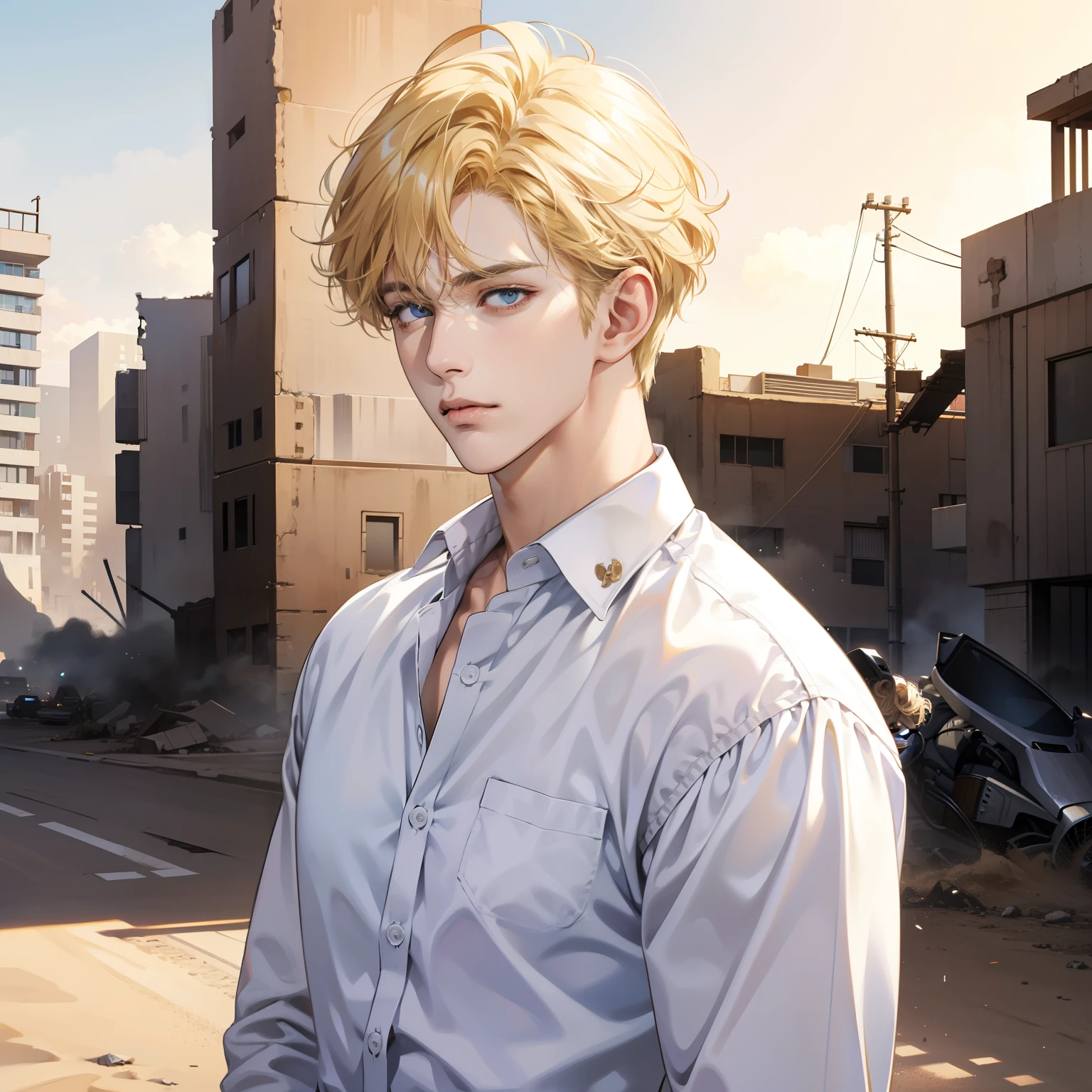Realistic Anime style, Handsome boy, cool boy, cool face, White shirt, blonde curly hairstyle, Destroyed desert city background