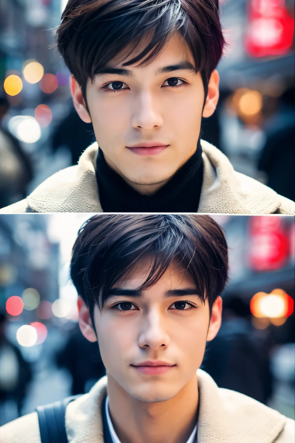 Photorealsitic, 8K full body poster, Beautiful Boys, japanes, An 18-year-old man, A charming expression, detailed face details, TOKYOcty, Winters, Shibuya in the background