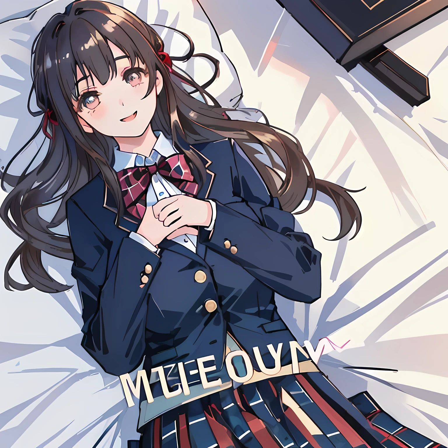 highest quality, (masterpiece:1.2), High resolution, perfect pixel, One so beautiful woman is lying on the bed, 16 years old, ((big very detailed beautiful eyes like angel)), ((girly large wine-red glossy polyester Japanese school ribbon bow tie)), (((long beautiful wavy hair))), ((((dark blue & deep navy colored tartan checkered long skirt)))), ((A formal dark blue blazer that is slightly larger and has a gold emblem on the left chest that feels like the texture of the cloth.)), Watching the viewer and laughing, Very fun, Very happy, mouth is open, the skirt is so cute, detailed fingers, modest chest, curled bangs, Lip balm, so beautiful, checkered comforter, checkered bed sheet, cute long ribbons on the bed, long eyelashes, ((Skirt and bow tie is photo realistic)), ((bed is photo realistic)), windy, Appeal to viewers