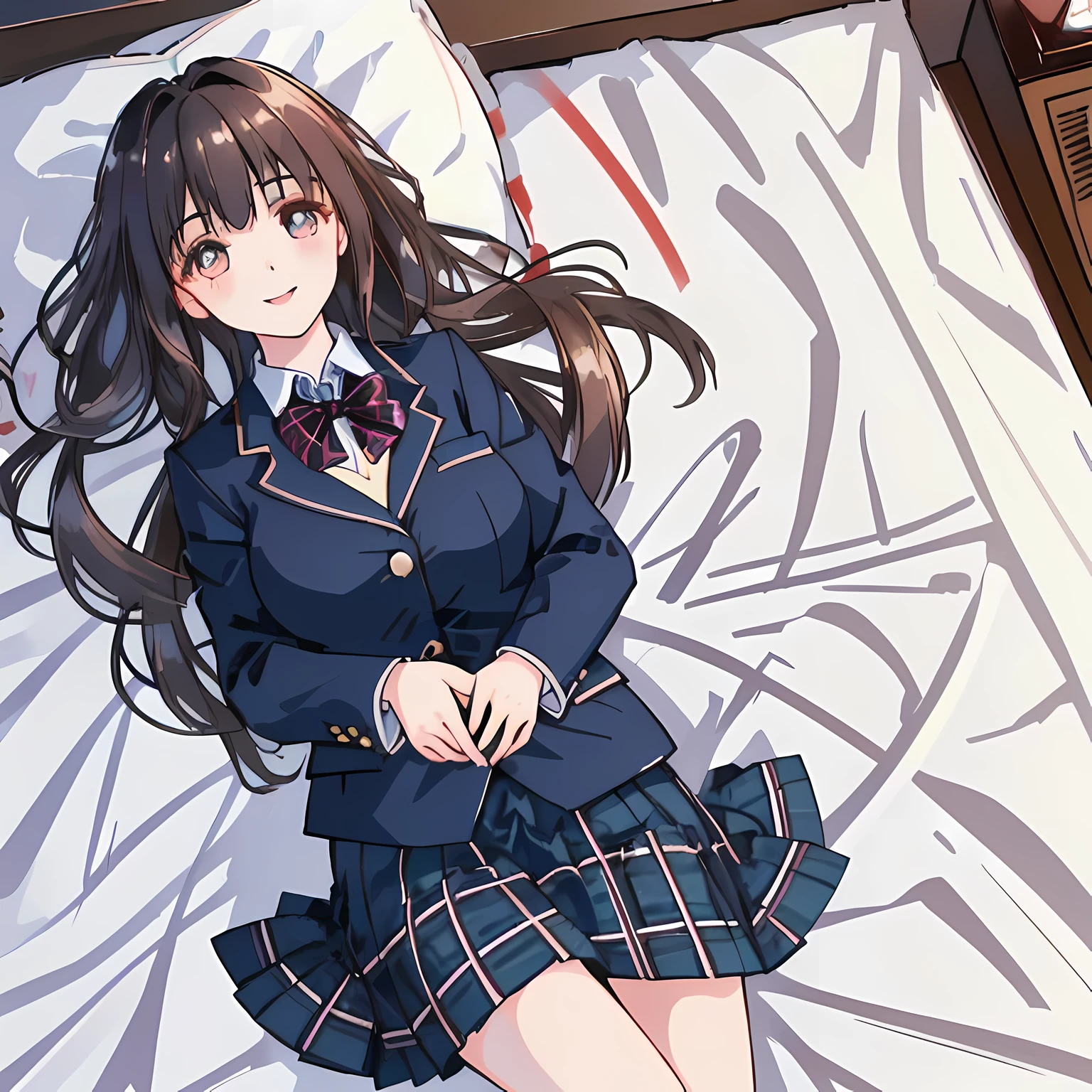highest quality, (masterpiece:1.2), High resolution, perfect pixel, One so beautiful woman is lying on the bed, 16 years old, ((big very detailed beautiful eyes like angel)), ((girly large wine-red glossy polyester Japanese school ribbon bow tie)), (((long beautiful wavy hair))), ((((dark blue & deep navy colored tartan checkered long skirt)))), ((A formal dark blue blazer that is slightly larger and has a gold emblem on the left chest that feels like the texture of the cloth.)), Watching the viewer and laughing, Very fun, Very happy, mouth is open, the skirt is so cute, detailed fingers, modest chest, curled bangs, Lip balm, so beautiful, checkered comforter, checkered bed sheet, cute long ribbons on the bed, long eyelashes, ((Skirt and bow tie is photo realistic)), ((bed is photo realistic)), windy, Appeal to viewers