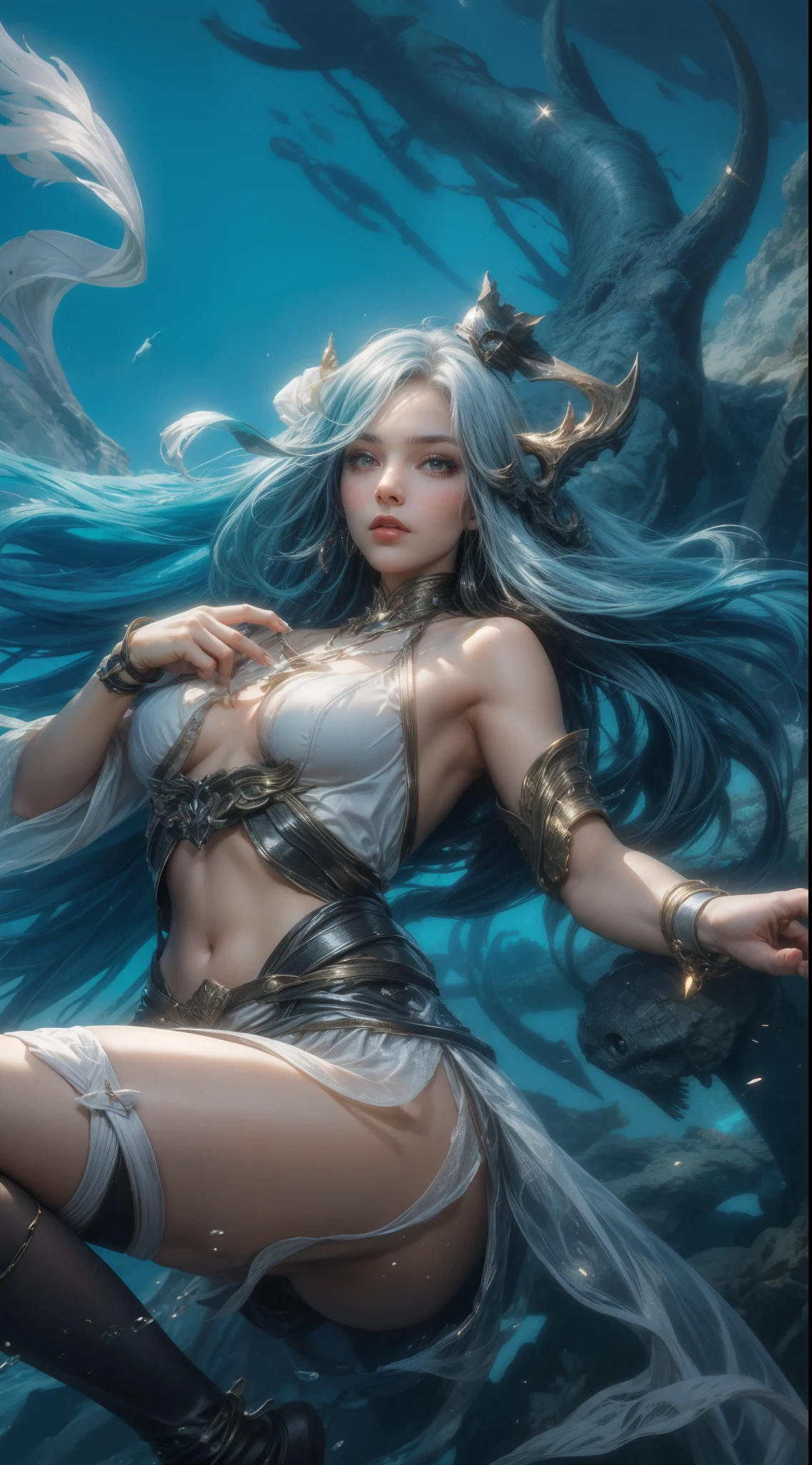 (max resolution: 1.2), (Ultra HDTV: 1.2), 8K resolution, Eye and skin details, detailed facial features, , (Sharp focus: 1.2), (Focus focus) facial expressions: 1.2), Girl, Long hair, Blue-white hair, White bikini, Sea water, Light, Sun, (Most beautiful face in the world)
