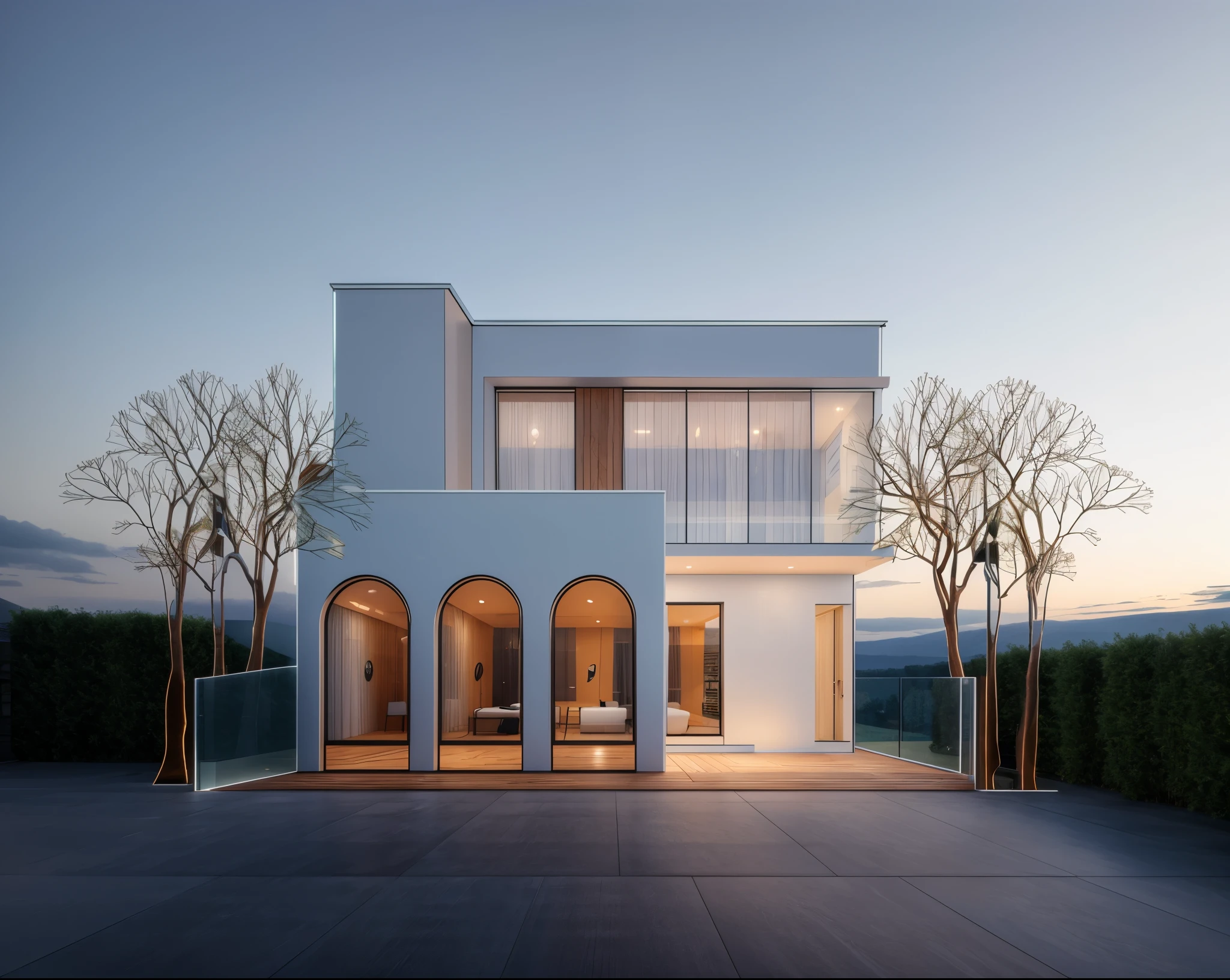 Photorealistic, photoreal, extreme detailed, high quality, insanely high quality octane render, modern house,white painted facade,large glass windows,arch with glass,perfect lighting,award winning,master peice,128k,evening,interior lights,
