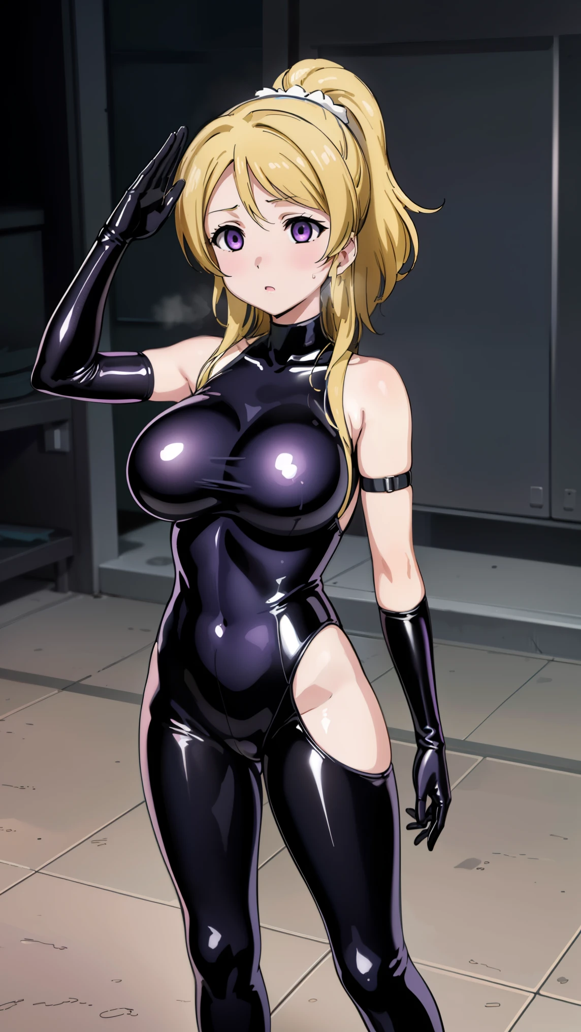 1 girl,NSFW,Eri Ayase, (lovelive), VR, clavicle, absurd, brainwashing,Combatant, empty eyes,((purple glowing eyes 1.5))( huge breasts ), No expression, emotions are removed,((black latex tight bodysuit)),avert your eyes , whole body shape, ((stand up, salute)),(highest quality、4k、8K、High resolution、must have:1.2)、Super detailed、(reality、that&#39;s reality的な、reality的な:1.37)、ticker、hyper hd、studio lighting、ultra definition paint、sharp focus、Physically based rendering、extreme details、Professional specifications、vibrancy and color、blurry、sports portrait、landscape、horror style、anime big breasts、SF、photograph、concept artist、five fingers, perfect body,  {{{masterpiece}}}, {{{highest quality}}}, {{Super detailed}}, {shape}, {{very delicate and beautiful}},Improved cost performance、all roles、Canon 5D MK4でphotograph、photograph, 