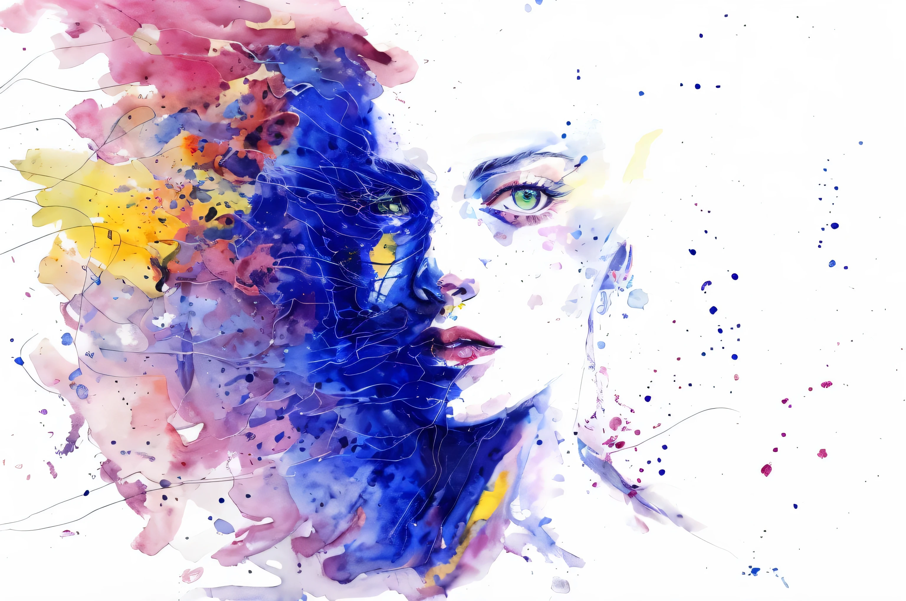 painting of a woman with a blue face and colorful hair, expressive beautiful painting, expressive beautiful portrait, agnes cecile, intense watercolor, abstract portrait, woman portrait made out of paint, beautiful art uhd 4 k, portrait made of paint, painted in bright water colors, expressive feminine face, colorful watercolor painting, vibrant watercolor painting, beautiful acrylic fluid portrait