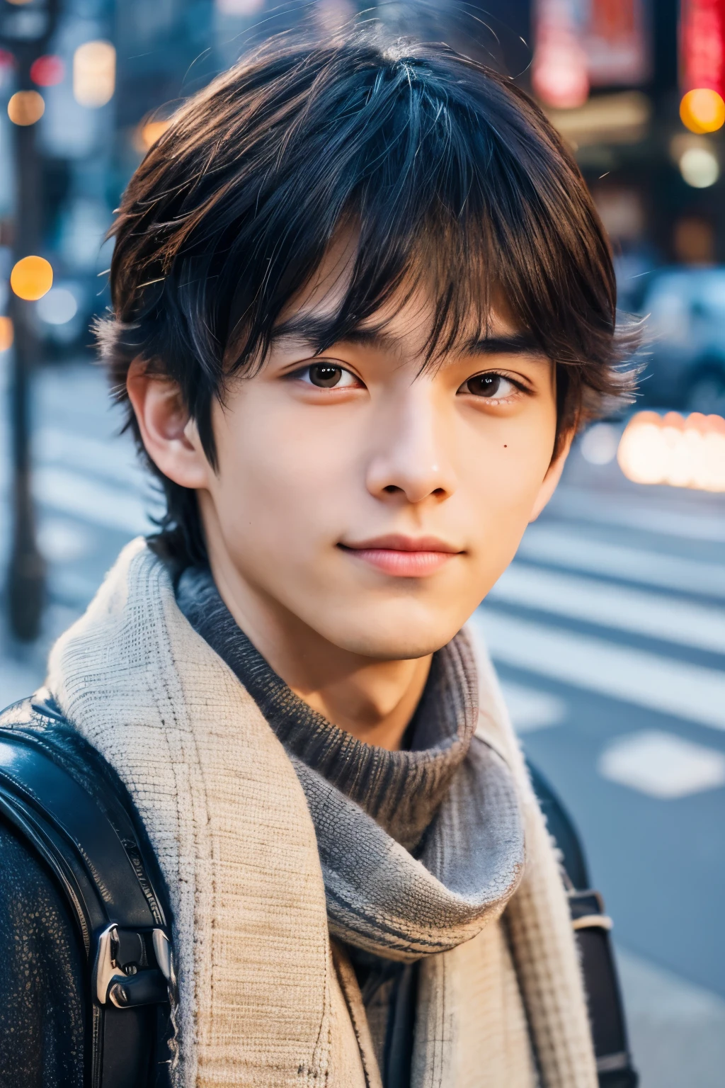Photo realsitic, 8K, full body, poster, One Beautiful Boy, Japanese, An 18-year-old man, A charming expression, detailed face details, TOKYO city, Winters, Shibuya in the background