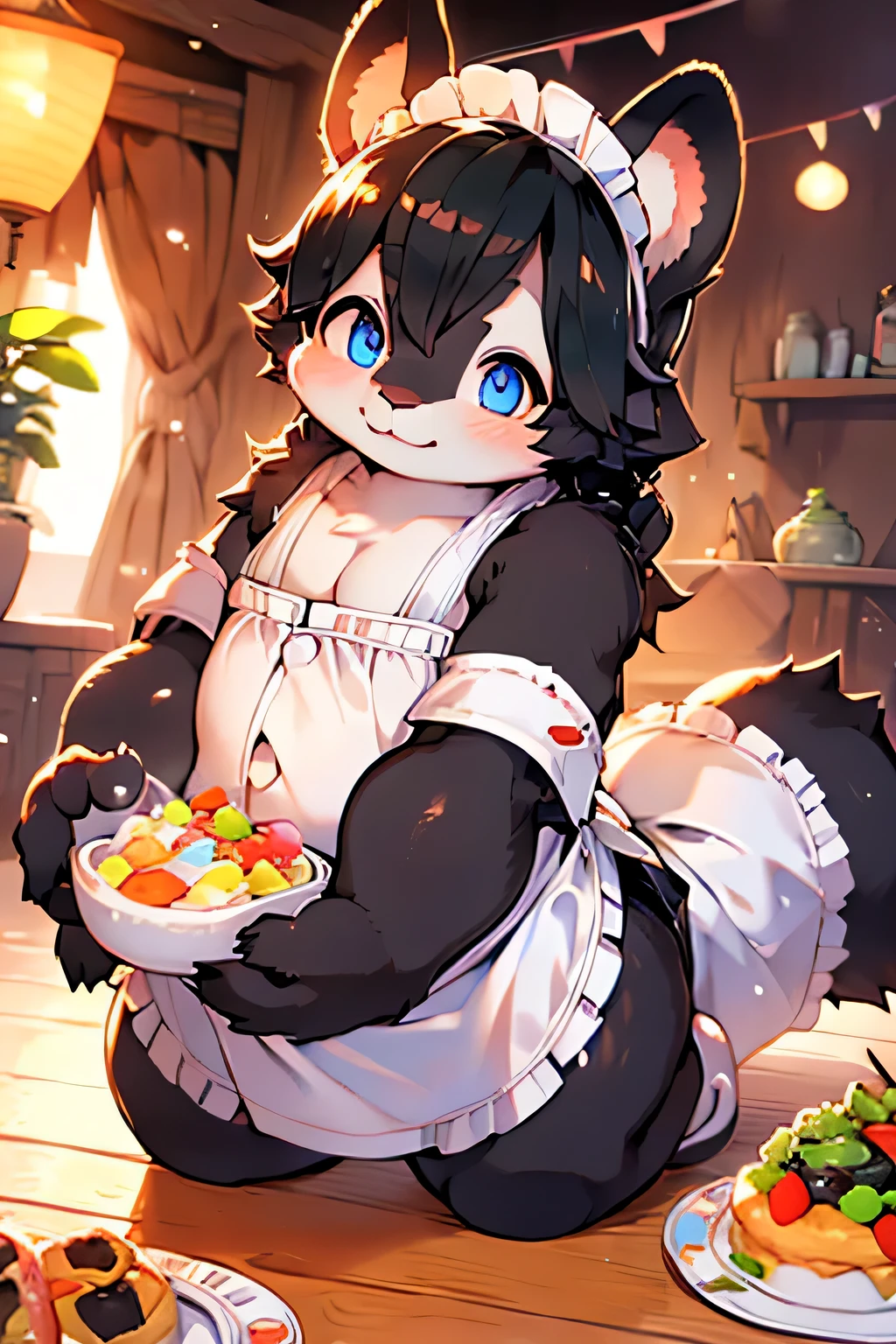 (a huge white female rabbit furry), white fur, black fur on edge, long light blue curly hair, pink eyes, kemomo, bbw, plump, young furry, opening mouth, cute rabbit teeth, happy, huge breasts, maid costume, in desert cafe, serving parfait