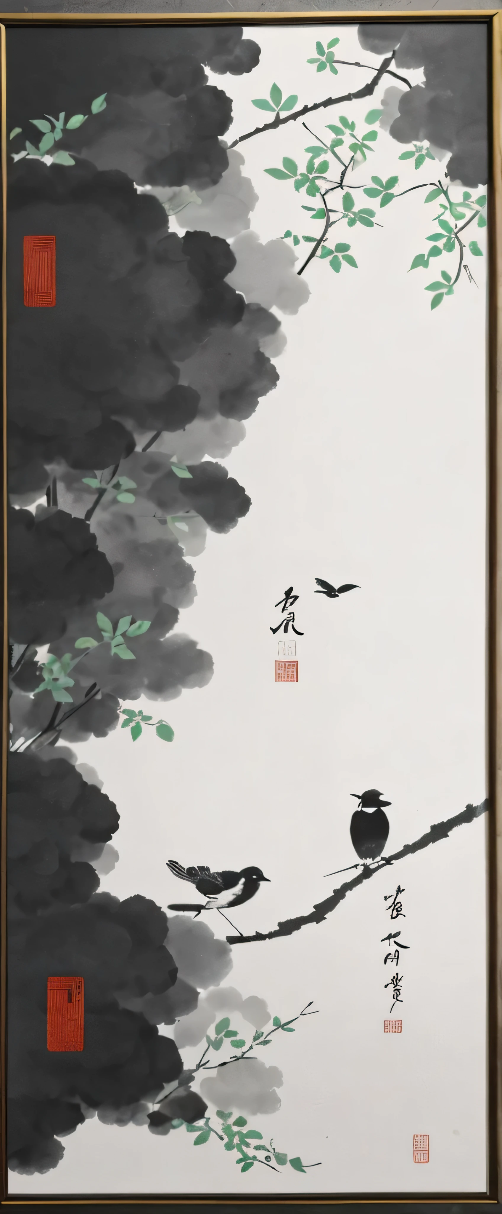 there is a picture of a vase with a bird on it, chinese painting style, hanging scroll on wall, inspired by Emperor Huizong of Song, inspired by Sesshū Tōyō, chinese style painting, inspired by Kanō Masanobu, traditional chinese ink painting, inspired by Shūbun Tenshō, chinese ink painting