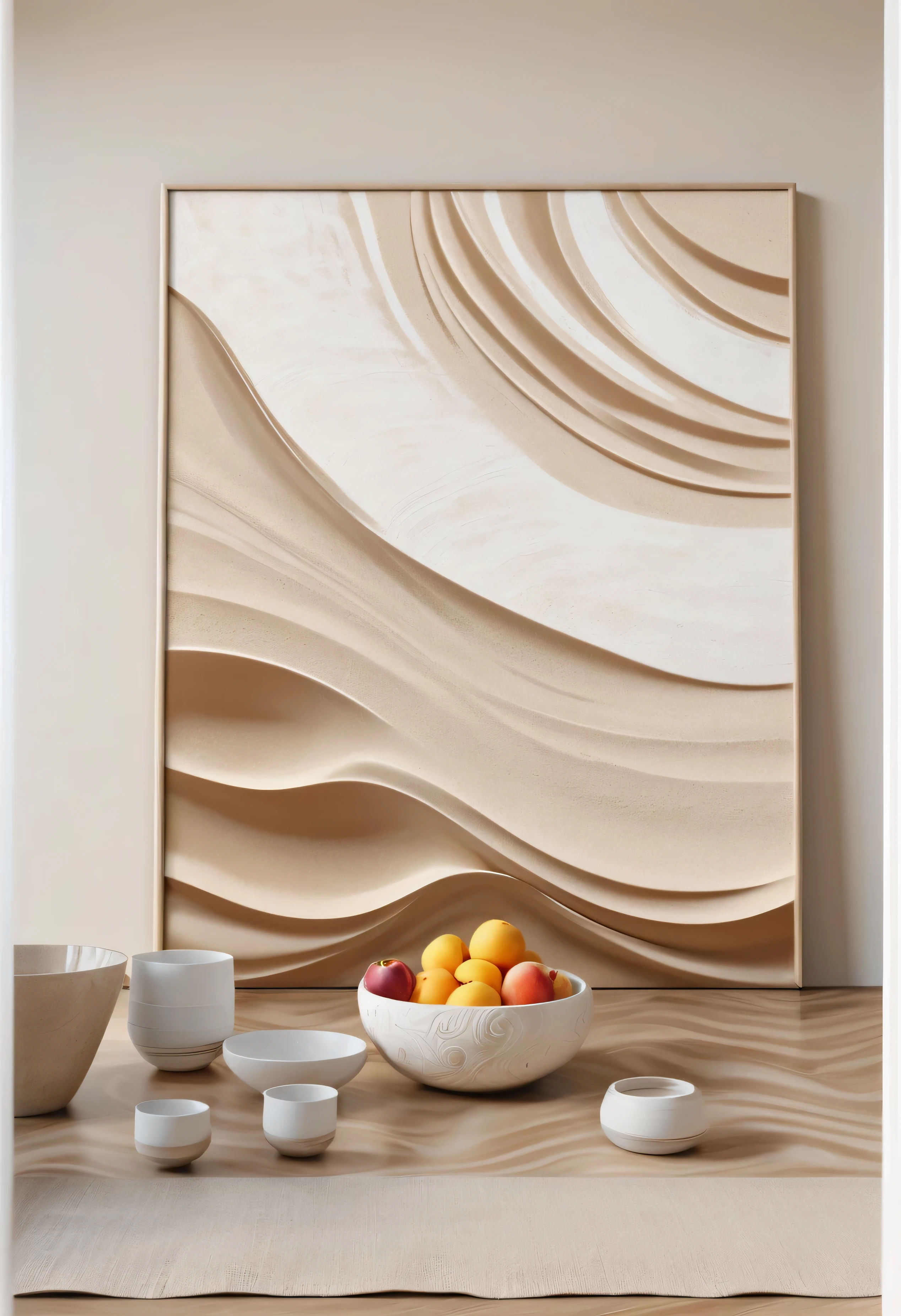 a close up of a table with a bowl of fruit on it, canvas art print, sand - colored walls, painting of a sand landscape, 4k/8, carved marble texture silk cloth, sand color, textured canvas, sand desert, sand swirling, soft-sanded coastlines, ultrafine detailed painting, 4 k / 8 k