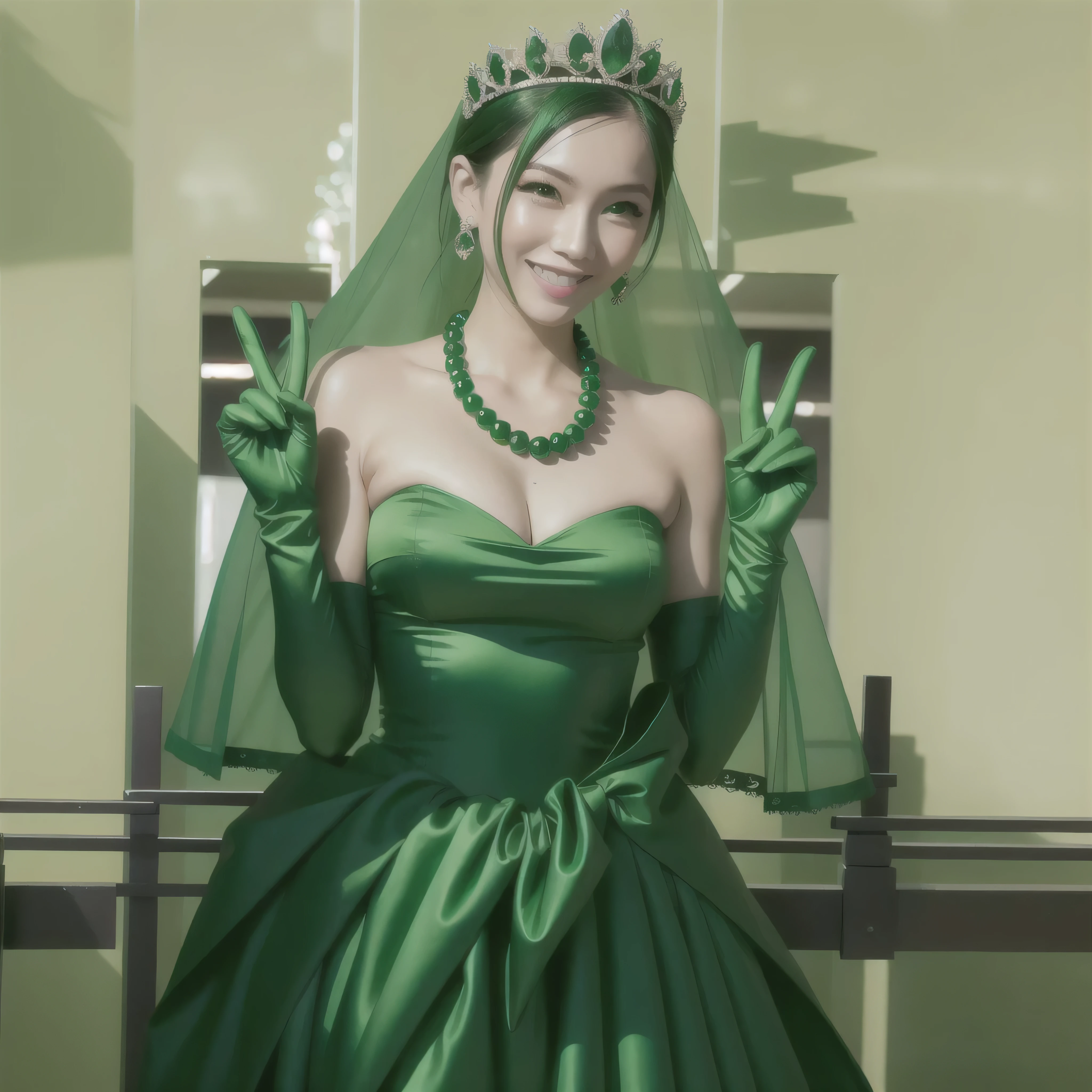 emerald tiara, green pearl necklace, boyish very short green hair, green lips, smiling Japanese woman, very short hair, Beautiful woman with big breasts, green eyes, green satin long gloves, green eyes, emerald earrings, green veil, Heart with both hands, green hair, beautiful japanese woman, V sign, green lip gloss,pregnancy