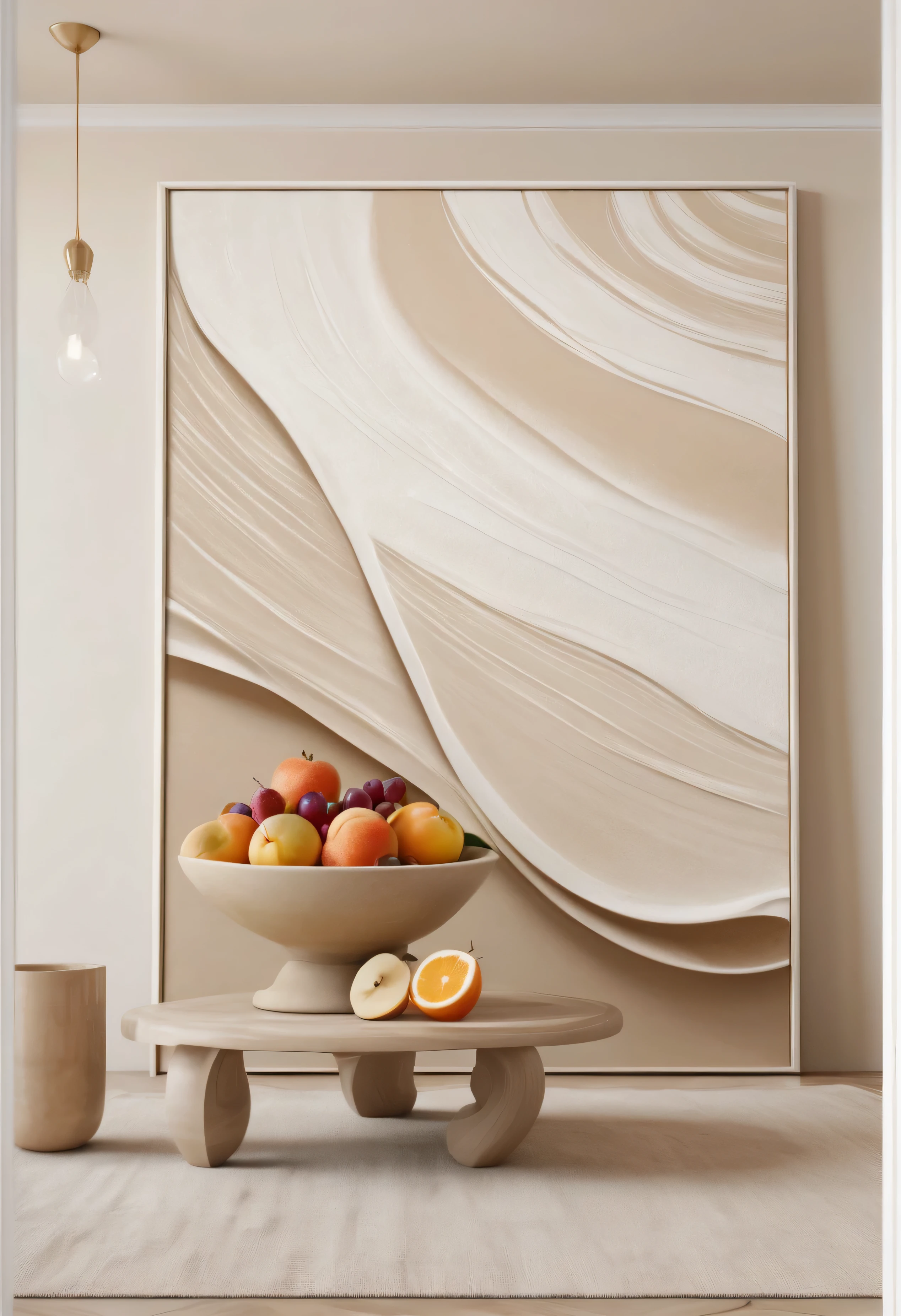 a close up of a table with a bowl of fruit on it, canvas art print, sand - colored walls, painting of a sand landscape, 4k/8, carved marble texture silk cloth, sand color, textured canvas, sand desert, sand swirling, soft-sanded coastlines, ultrafine detailed painting, 4 k / 8 k