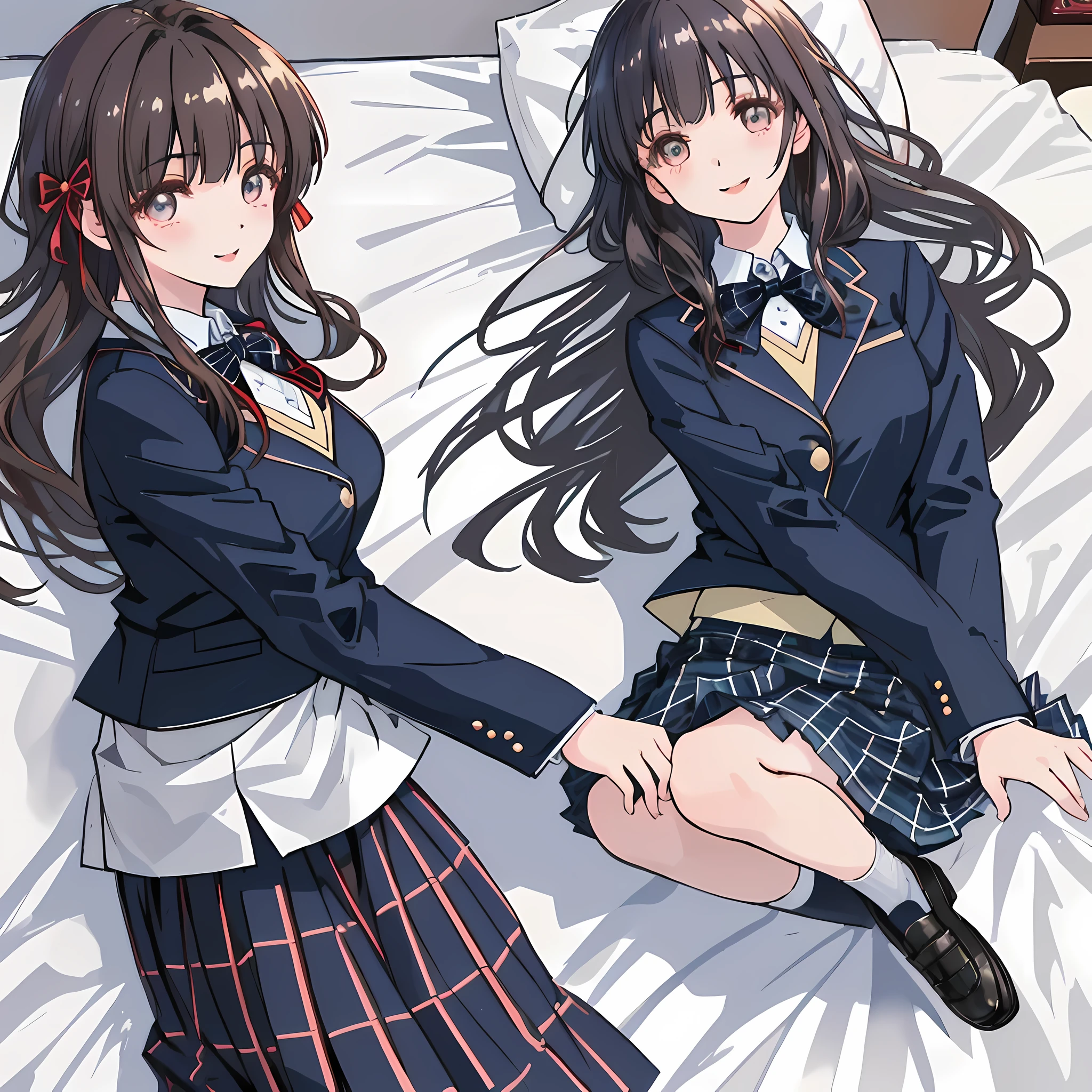 highest quality, (masterpiece:1.2), High resolution, perfect pixel, One so beautiful woman is lying on the bed, 16 years old, ((big very detailed beautiful eyes like angel)), ((girly large wine-red glossy polyester Japanese school ribbon bow tie)), (((long beautiful wavy hair))), ((((dark blue & deep navy colored tartan checkered long skirt)))), ((A formal dark blue blazer that is slightly larger and has a gold emblem on the left chest that feels like the texture of the cloth.)), Watching the viewer and laughing, Very fun, Very happy, mouth is open, the skirt is so cute, detailed fingers, modest chest, curled bangs, Lip balm, so beautiful, checkered comforter, checkered bed sheet, cute long ribbons on the bed, long eyelashes, ((Skirt and bow tie is photo realistic)), ((bed is photo realistic)), windy, Appeal to viewers