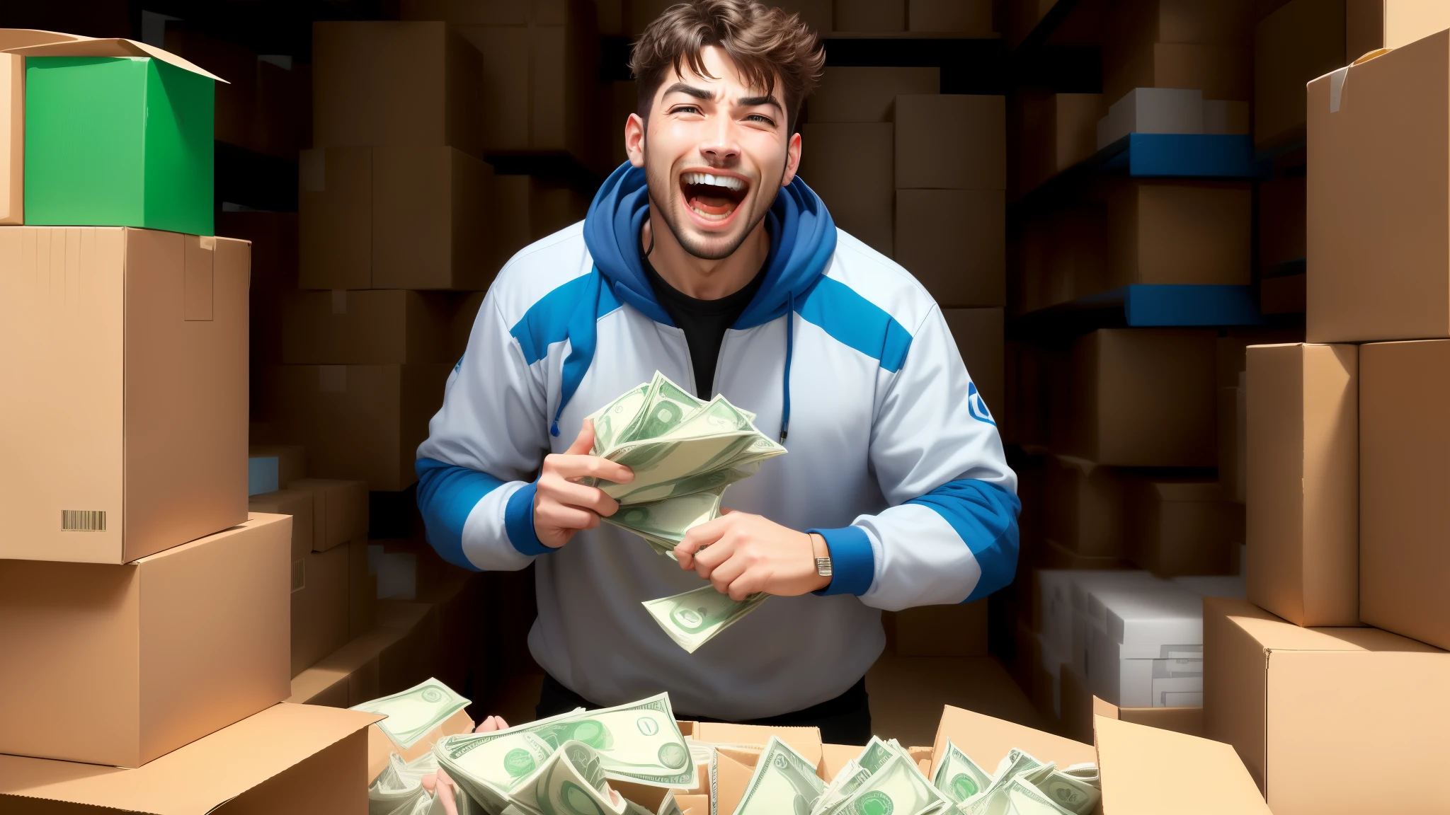 funny guy screaming, surrounded by money and cardboard boxes,