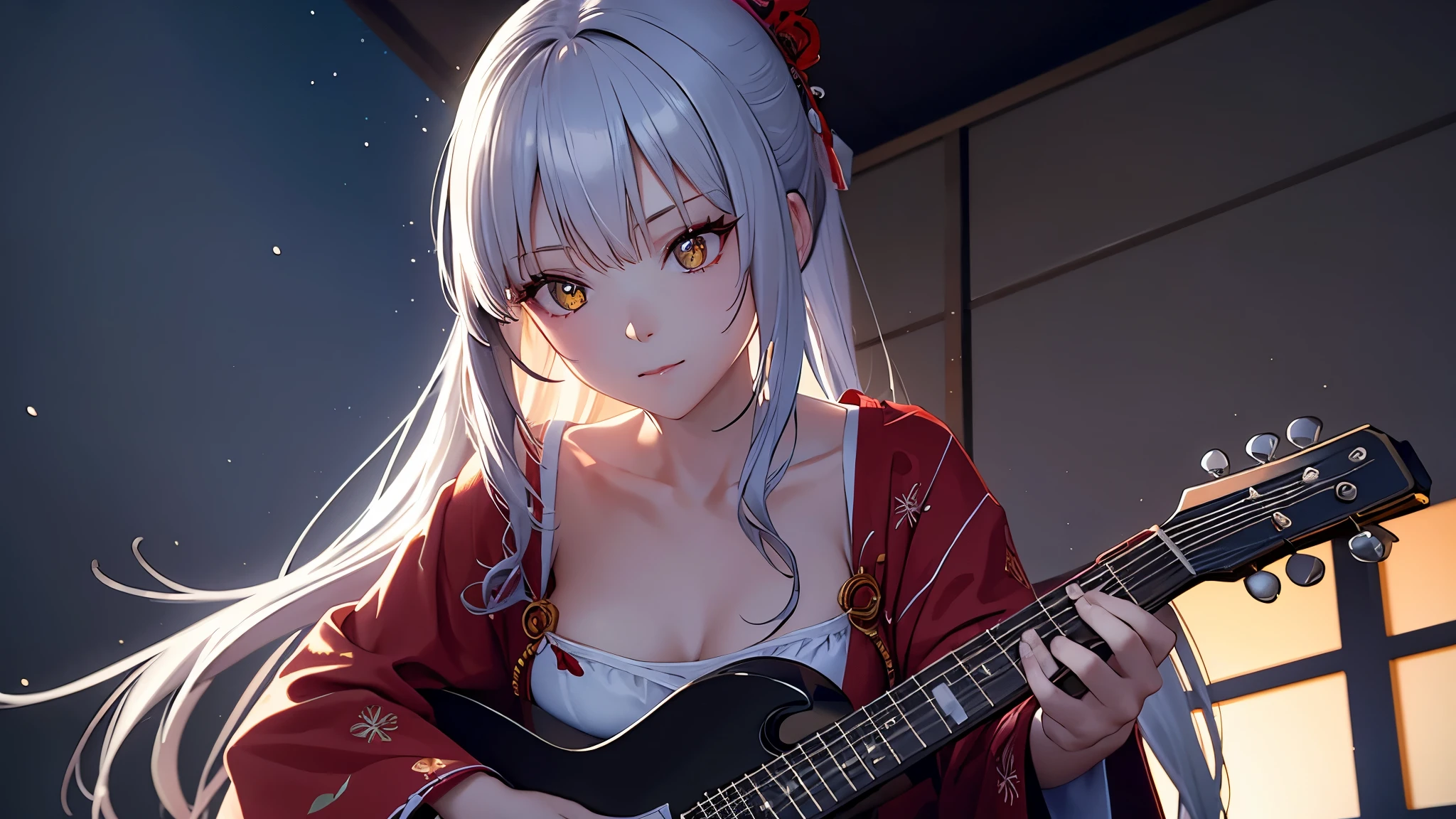 (masterpiece), (highest quality), Illustration of a girl wearing red lipstick、Oiran, anime、 1. **fashion**: She is wearing a slightly open Japanese yukata or kimono。。., 2. **hairstyle on**: her hair is long, Her hair color is silver、It is a slightly wavy hairstyle that reaches to the chest.。., Transparent shiny hair, 3. **Features**: (Big yellow crystal eyes), 柔らかい顔立ちを持つ女の子のFeatures、beautiful、naughty atmosphere, enchanting beauty, beautiful,  Turn to the audience, 4. **she is wearing headphones and playing the guitar。.**:The guitar plays an important role in expressing her emotions, By carefully drawing the guitar down to the smallest detail.、.、、You can add personality to your character. (japanese design, clear lines, High sharpness, highest quality, very detailed, masterpiece, movie lighting effects, 8K), (3D), Moonlit night in the background, Images for YouTube
