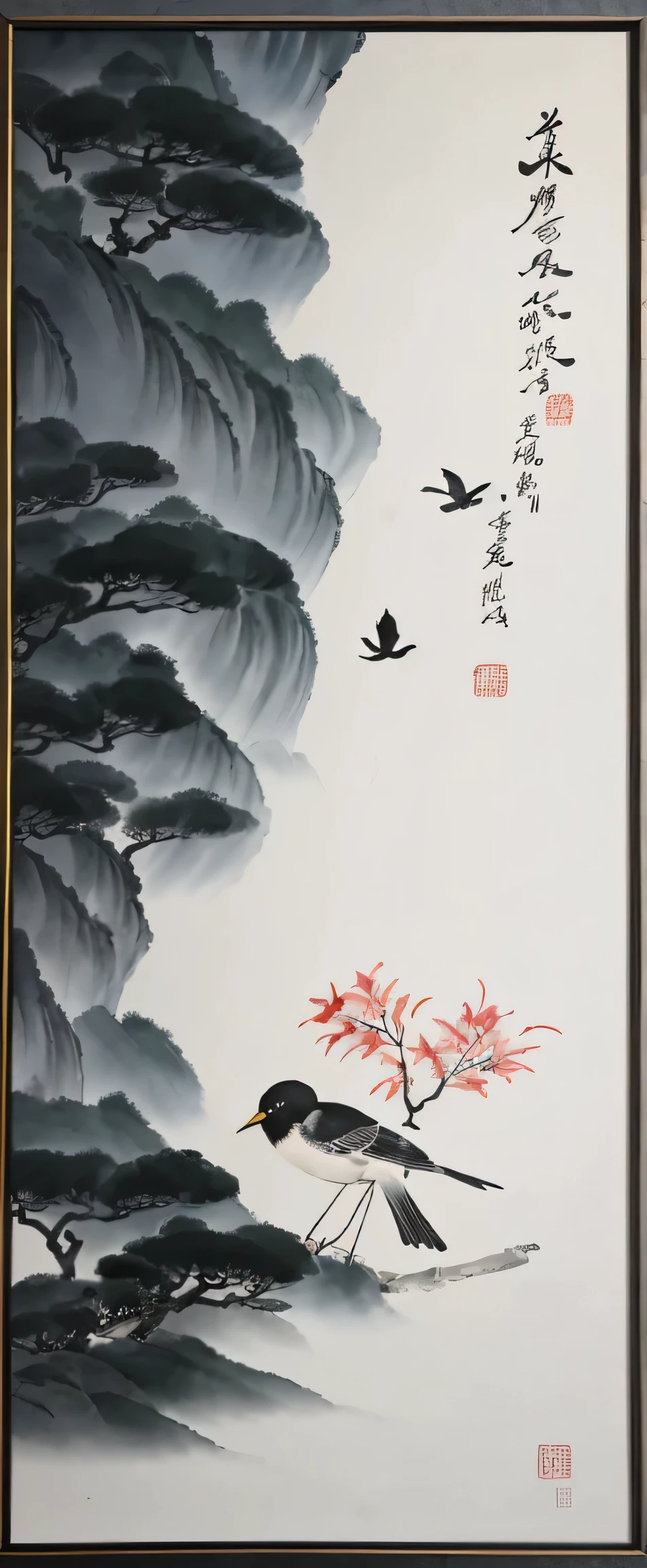 there is a picture of a vase with a bird on it, chinese painting style, hanging scroll on wall, inspired by Emperor Huizong of Song, inspired by Sesshū Tōyō, chinese style painting, inspired by Kanō Masanobu, traditional chinese ink painting, inspired by Shūbun Tenshō, chinese ink painting