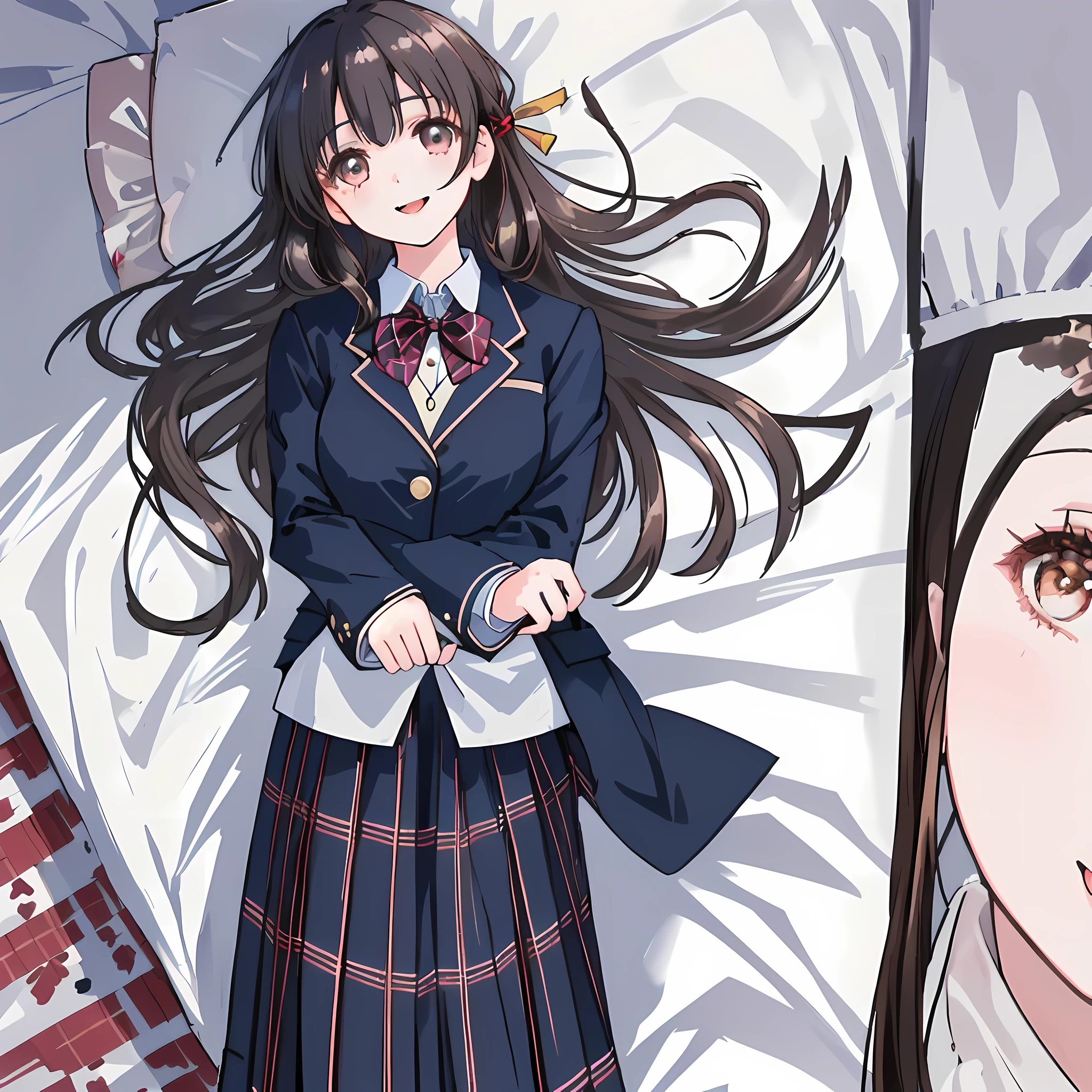 highest quality, (masterpiece:1.2), High resolution, perfect pixel, One so beautiful woman is lying on the bed, , ((big very detailed beautiful eyes like angel)), ((girly large wine-red glossy polyester Japanese school ribbon bow tie)), (((long beautiful wavy hair))), ((((dark blue & deep navy colored tartan checkered long skirt)))), ((A formal dark blue blazer that is slightly larger and has a gold emblem on the left chest that feels like the texture of the cloth.)), Watching the viewer and laughing, Very fun, Very happy, mouth is open, the skirt is so cute, detailed fingers, modest chest, curled bangs, Lip balm, so beautiful, checkered comforter, checkered bed sheet, cute long ribbons on the bed, long eyelashes, ((Skirt and bow tie is photo realistic)), ((bed is photo realistic)), windy, Appeal to viewers