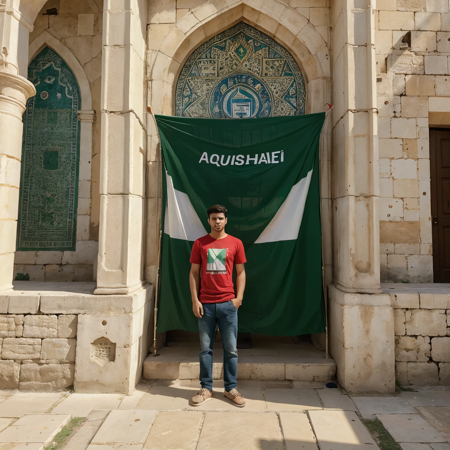 there are aqsa flags in front A handsome 20 year old boy is standing from front Aqsa And in his hand is the flag of Aqsa and is wearing a red and green t-shirt with Name JAVED ANSARI written on the back,and two big Aqsa flags in front of him, art painting realistic photo
