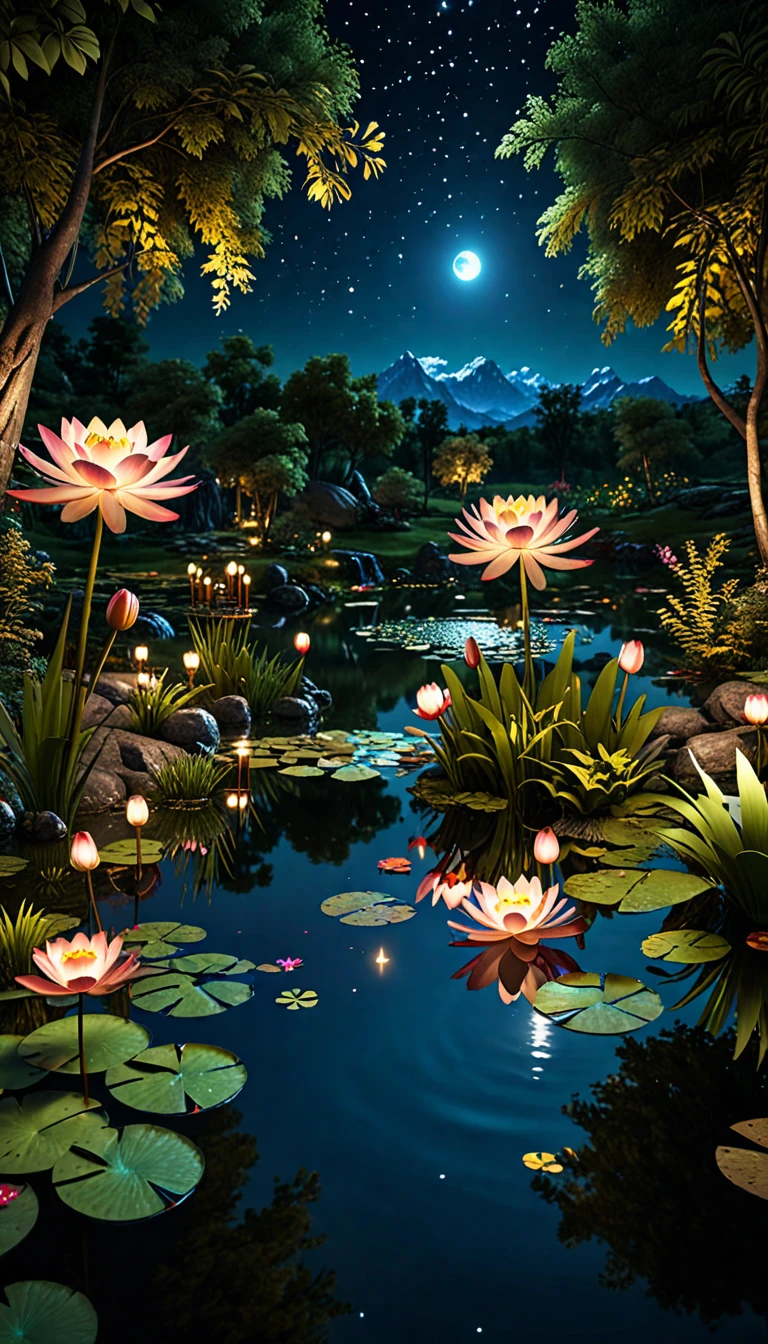 masterpiece, best quality, Extremely detailed CG unified 8k wallpaper, There is a magical pond at night, meticulous, movie lighting, high resolution, 12k