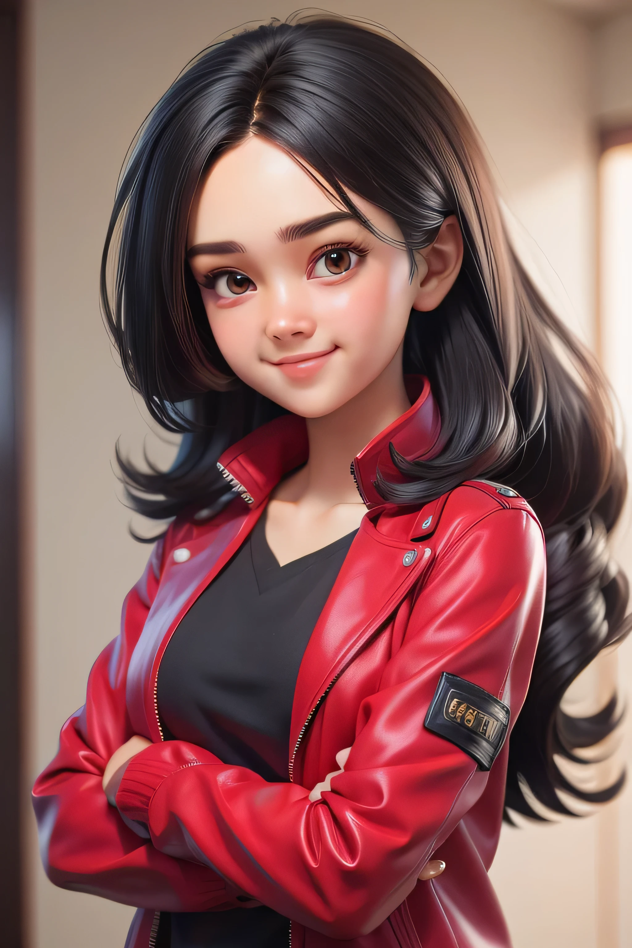 masterpiece,best quality,3d rendering works,3DMM style,close-up,portrait,3D,1girl, A young woman wearing a red jacket stands with her arms crossed and smiles for the camera. She is wearing a black shirt underneath the jacket and has long, dark hair that falls to her shoulders. The photo captures her confident pose and bright smile as she poses for the picture.