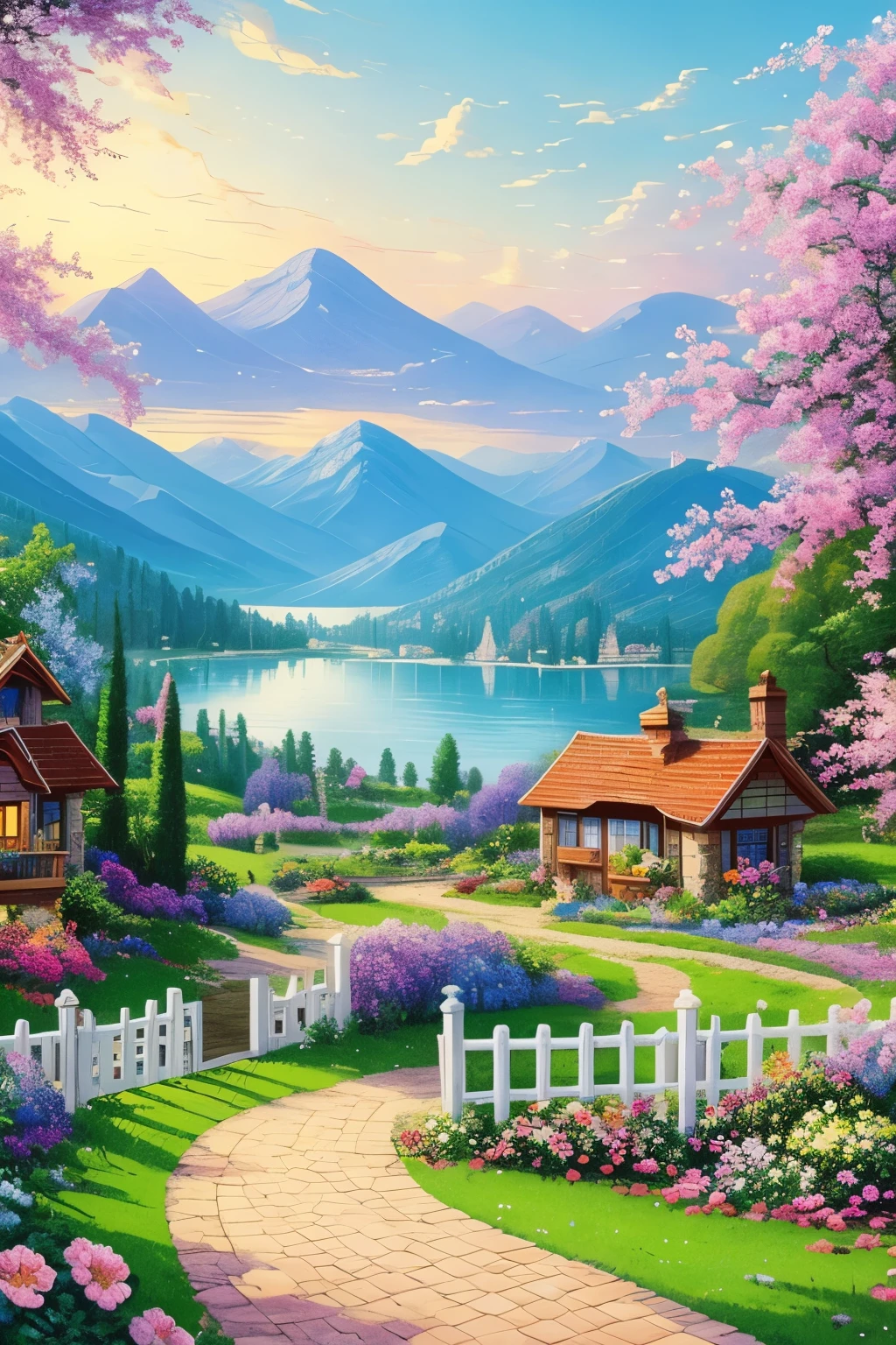 villa painting, flowers next to the fence, fence along the road,  Mountain landscape with lake and boats, Birds flying in the blue sky, illustration matte paint,  Inspired by Thomas Kinkade, symmetrical matte paint, detailed scenery , born々Shishi Style, 8K ultra-fine