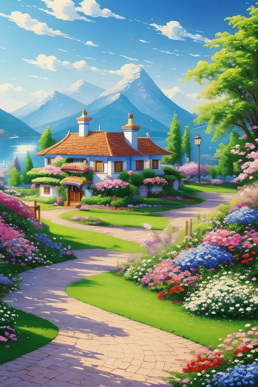 villa painting, flowers next to the fence, fence along the road, Mountain landscape with lake and boats, Birds flying in the blue sky, illustration matte paint, Inspired by Thomas Kinkade, symmetrical matte paint, detailed scenery , born々Shishi Style, 8K ultra-fine