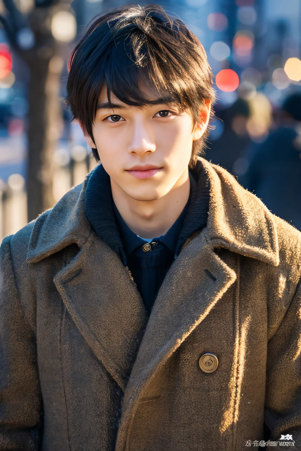 Photo realsitic, 8K, full body, poster, One Beautiful Boy, Japanese, An 18-year-old man, A charming expression, detailed face details, TOKYO city, Winters, Shibuya in the background