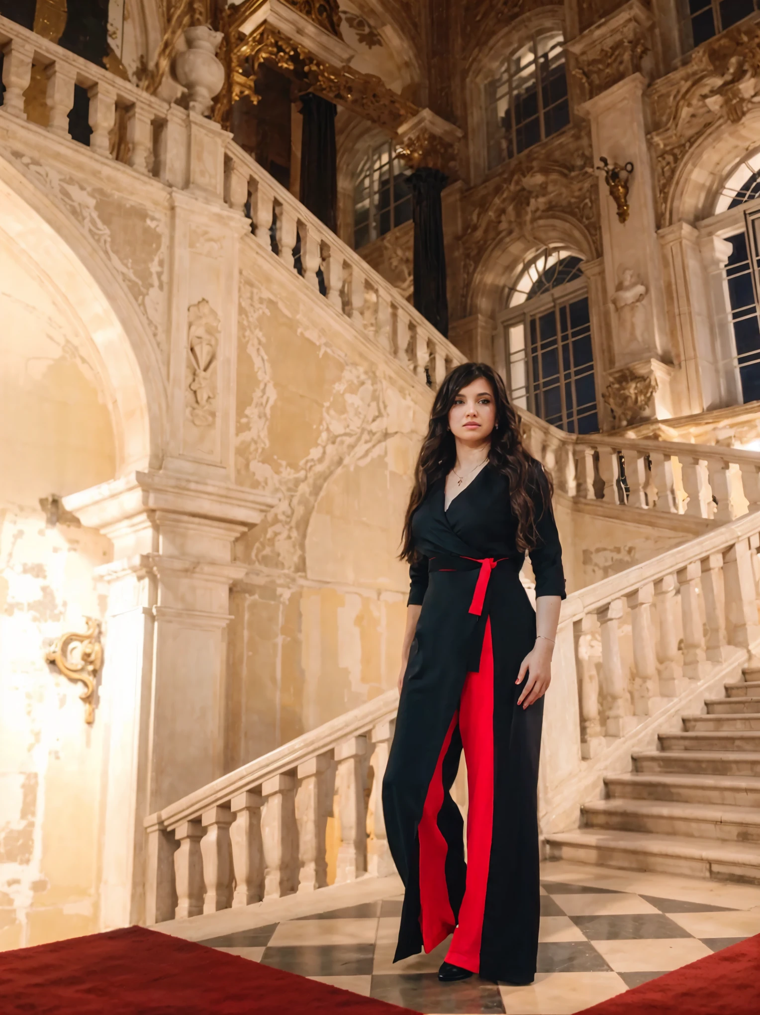 a girl in a black suit stands in a beautiful museum