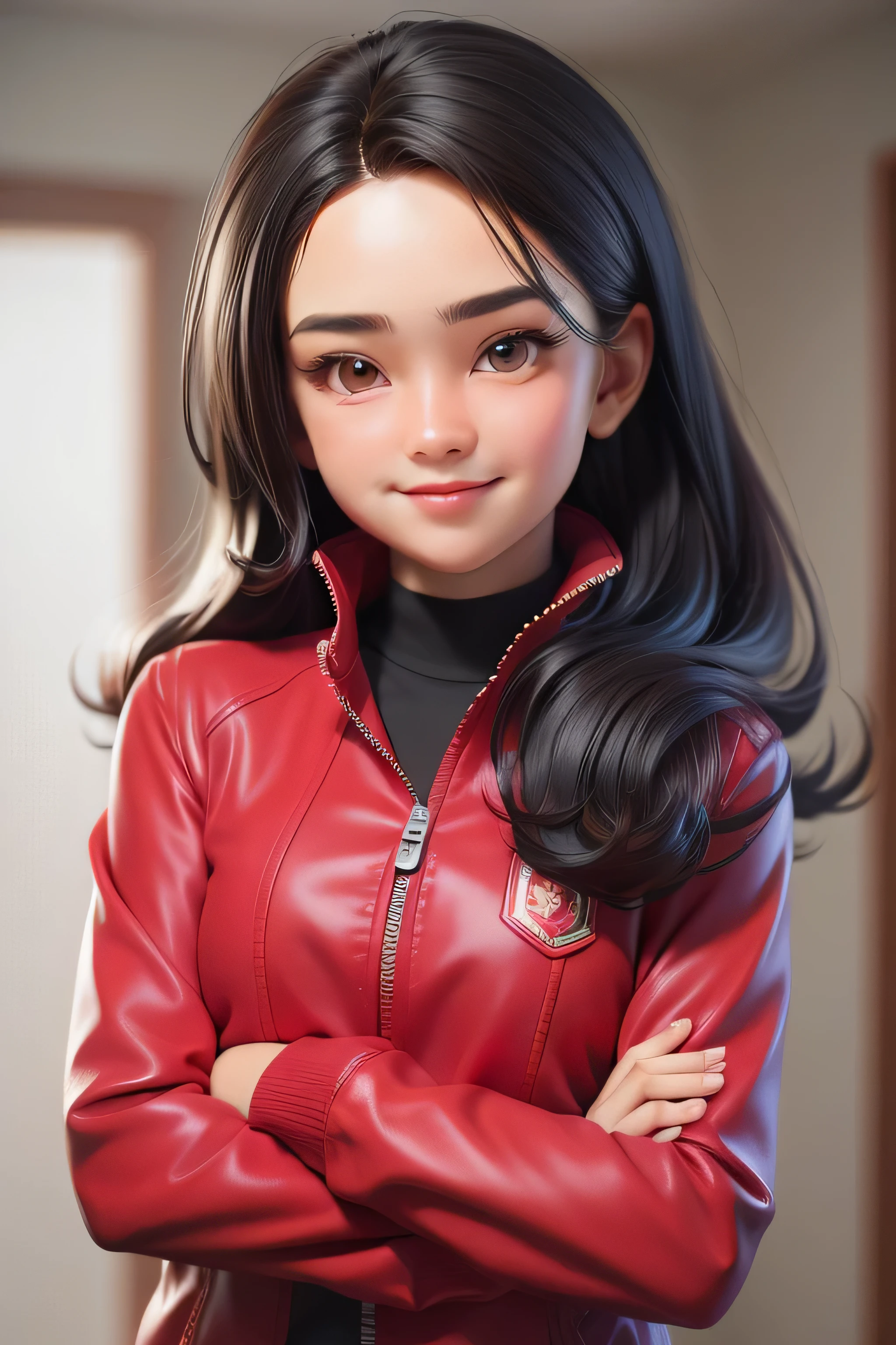 masterpiece,best quality,3d rendering works,3DMM style,close-up,portrait,3D,1girl, A young woman wearing a red jacket stands with her arms crossed and smiles for the camera. She is wearing a black shirt underneath the jacket and has long, dark hair that falls to her shoulders. The photo captures her confident pose and bright smile as she poses for the picture.