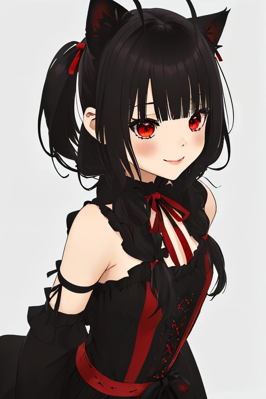 parte maestra, Mejor calidad, Altas, 1 chica, Aakurumi, ,((long hair slightly wavy slightly past the shoulders, black bangs, small black pigtails on the sides, cute cat ears, beautiful thin red eyes)),, banda para el cabello, heterochromia, pechos medianos, escote, ((gargantilla negra, Red ribbon, hombros descubiertos, the gothic, vestido rojo, Arco rojo, mangas resaltadas, falda roja, sosteniendo el arma, arma, al aire libre, smile, sosteniendo el arma)). ((Fondo de una ciudad estilo anime))