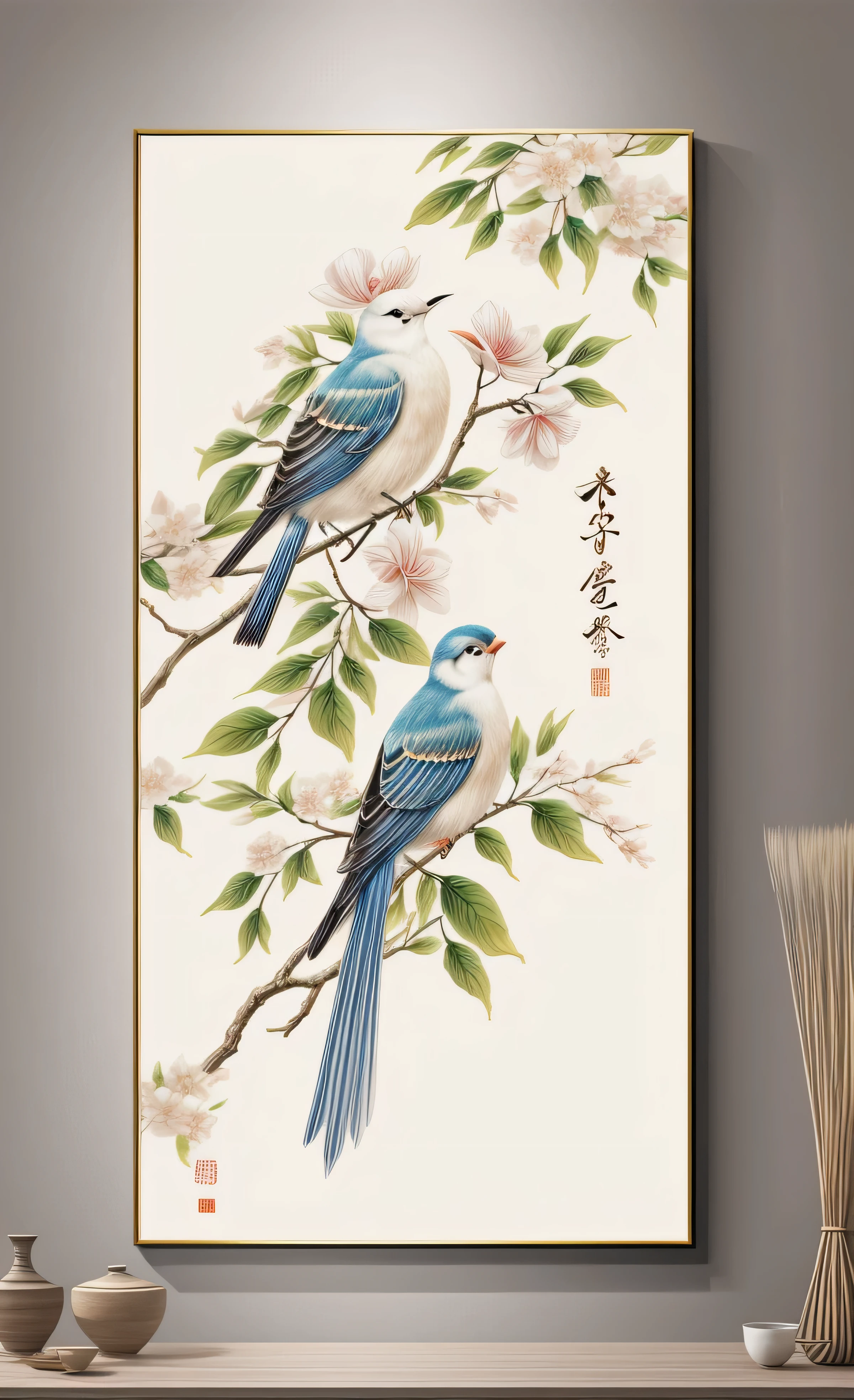 a painting of a bird sitting on a branch of a flower, realistic flowers oil painting, japanese art style, japanese style painting, hanging scroll on wall, high quality painting, chinese painting style, chinese style painting, canvas painting, painting for a wall, high quality digital painting, clean elegant painting, painting of beautiful, Hungry Ghost Festival, trending artistic art