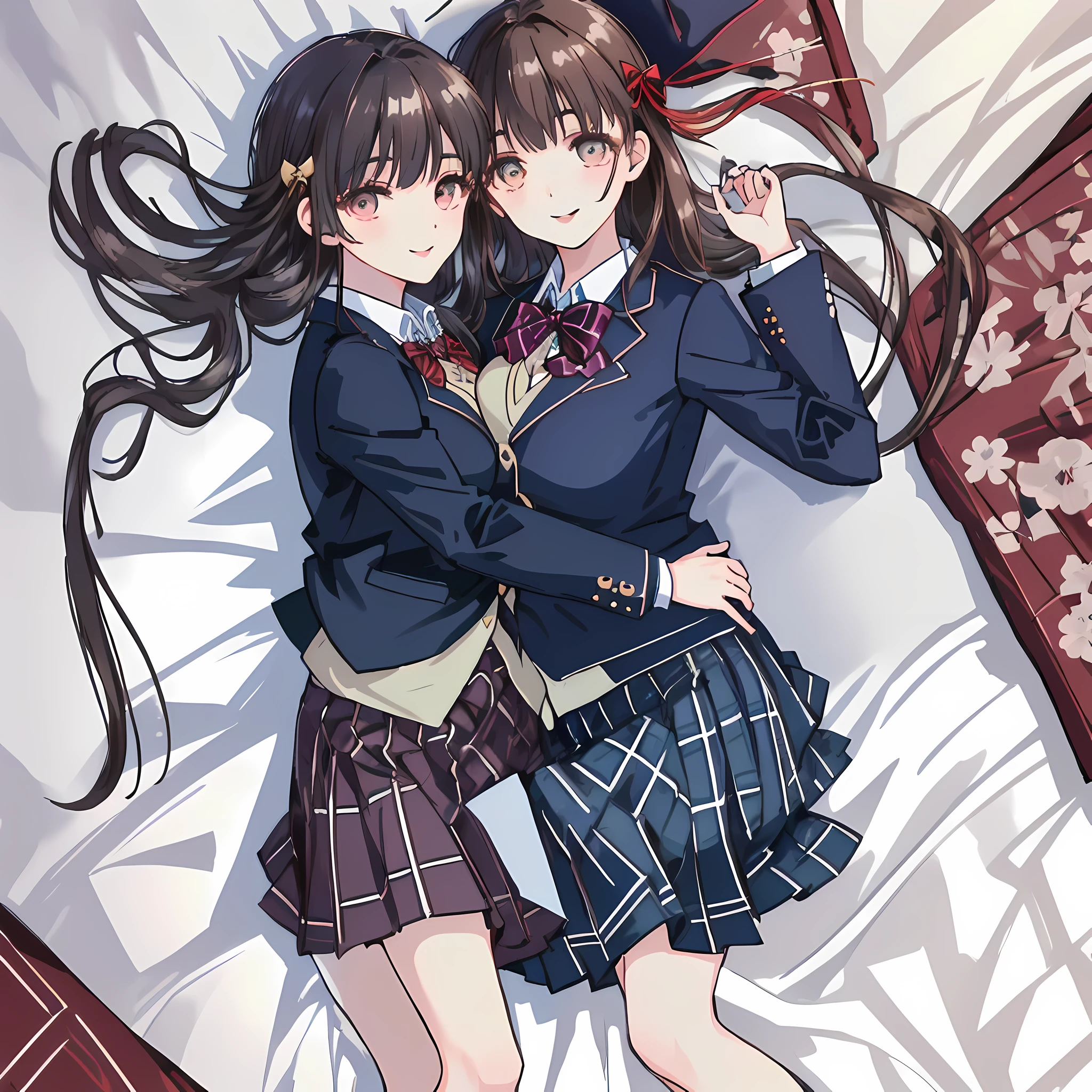 highest quality, (masterpiece:1.2), High resolution, perfect pixel, One so beautiful woman is lying on the bed, 16 years old, ((big very detailed beautiful eyes like angel)), ((girly large wine-red glossy polyester Japanese school ribbon bow tie)), (((long beautiful wavy hair))), ((((dark blue & deep navy colored tartan checkered long skirt)))), ((A formal dark blue blazer that is slightly larger and has a gold emblem on the left chest that feels like the texture of the cloth.)), Watching the viewer and laughing, Very fun, Very happy, mouth is open, the skirt is so cute, detailed fingers, modest chest, curled bangs, Lip balm, so beautiful, checkered comforter, checkered bed sheet, cute long ribbons on the bed, long eyelashes, ((Skirt and bow tie is photo realistic)), ((bed is photo realistic)), windy, Appeal to viewers, big girly hair ribbons