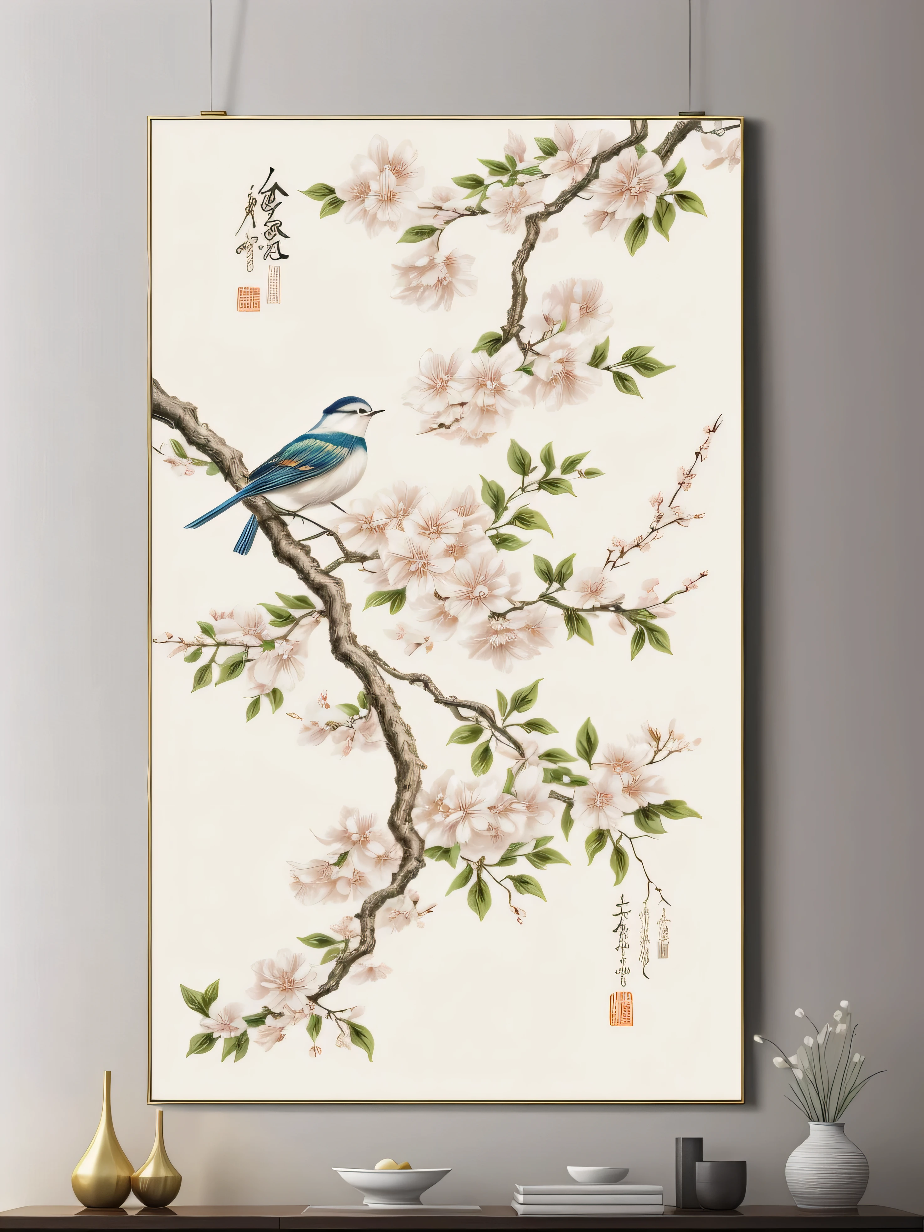 a painting of a bird sitting on a branch of a flower, realistic flowers oil painting, japanese art style, japanese style painting, hanging scroll on wall, high quality painting, chinese painting style, chinese style painting, canvas painting, painting for a wall, high quality digital painting, clean elegant painting, painting of beautiful, Hungry Ghost Festival, trending artistic art