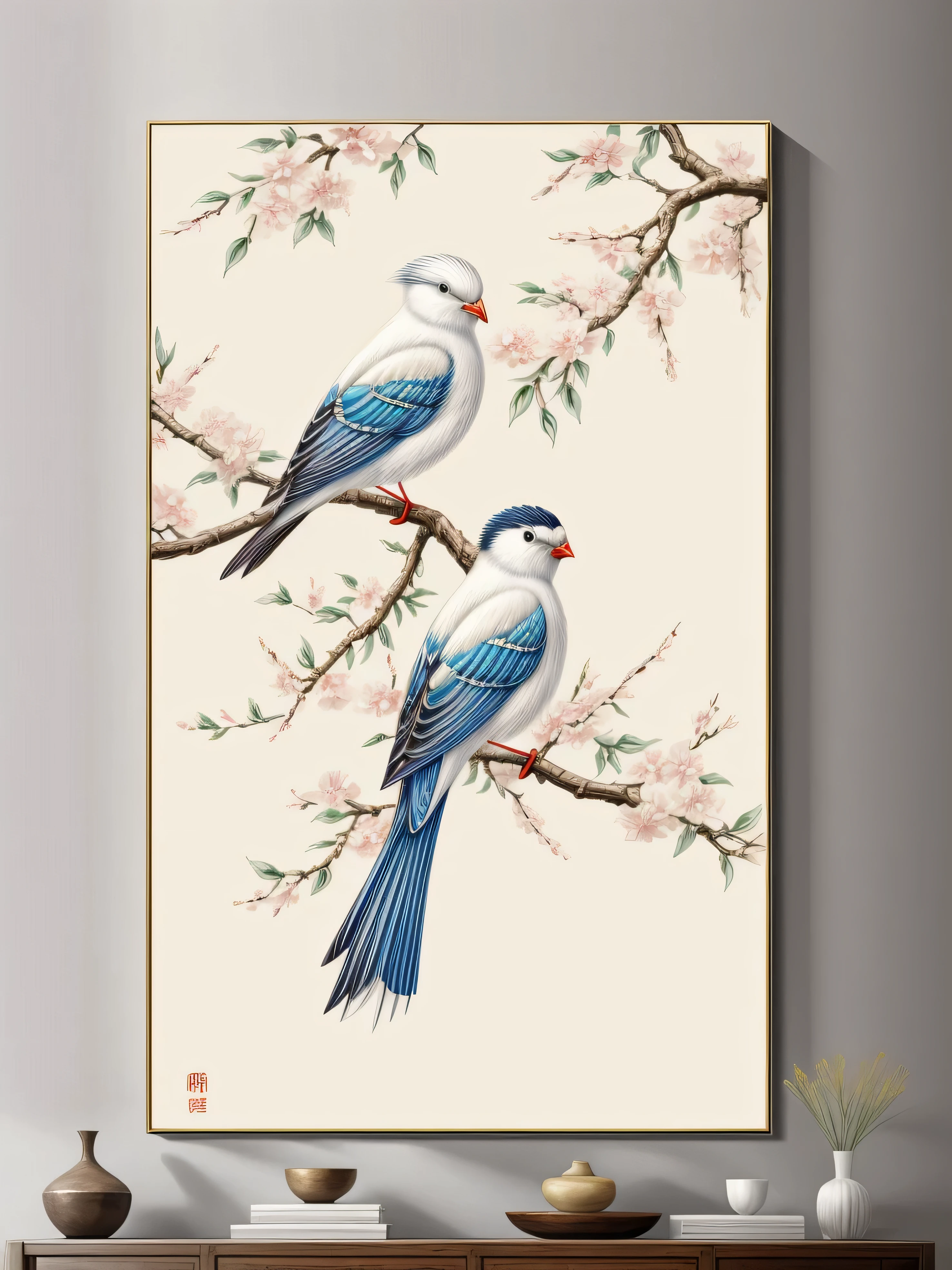 a painting of a bird sitting on a branch of a flower, realistic flowers oil painting, japanese art style, japanese style painting, hanging scroll on wall, high quality painting, chinese painting style, chinese style painting, canvas painting, painting for a wall, high quality digital painting, clean elegant painting, painting of beautiful, Hungry Ghost Festival, trending artistic art
