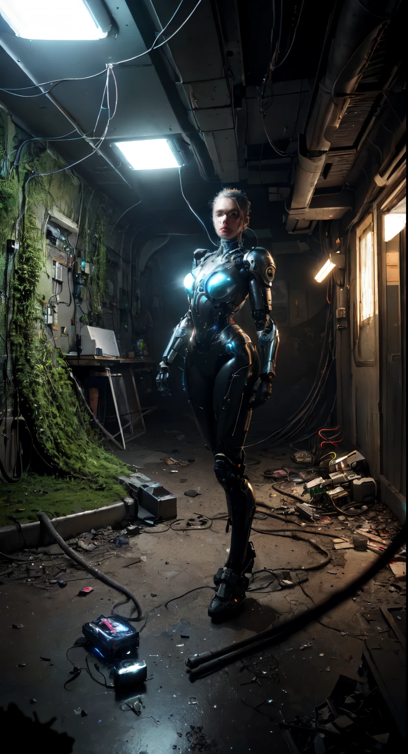 (best quality, 4k, highres, masterpiece:1.2), ultra-detailed, (realistic, photorealistic, photo-realistic:1.37), HDR, UHD, studio lighting, extreme detail description, professional, sci-fi, portrait, sharp focus, dystopian setting, creepy atmosphere, futuristic technology, muted colors, cyberpunk aesthetic, glowing LED lights, mechanical body parts, exquisite facial features, mixed race, contemplative expression, metallic armor, complex wiring and circuitry, tangled wires, smoke and dust particles, crumbling concrete walls, overgrown vines and moss, cracked floor, shattered glass, shadows and reflections, mysterious shadows in the background, repaired weaponry, holographic interface, advanced cyborg enhancements, electric sparks, flickering lights.