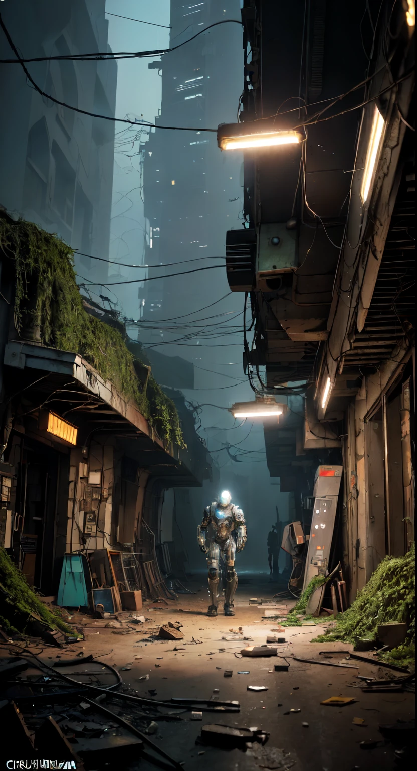 (best quality, 4k, highres, masterpiece:1.2), ultra-detailed, (realistic, photorealistic, photo-realistic:1.37), HDR, UHD, studio lighting, extreme detail description, professional, sci-fi, portrait, sharp focus, dystopian setting, creepy atmosphere, futuristic technology, muted colors, cyberpunk aesthetic, glowing LED lights, mechanical body parts, exquisite facial features, mixed race, contemplative expression, metallic armor, complex wiring and circuitry, tangled wires, smoke and dust particles, crumbling concrete walls, overgrown vines and moss, cracked floor, shattered glass, shadows and reflections, mysterious shadows in the background, repaired weaponry, holographic interface, advanced cyborg enhancements, electric sparks, flickering lights.