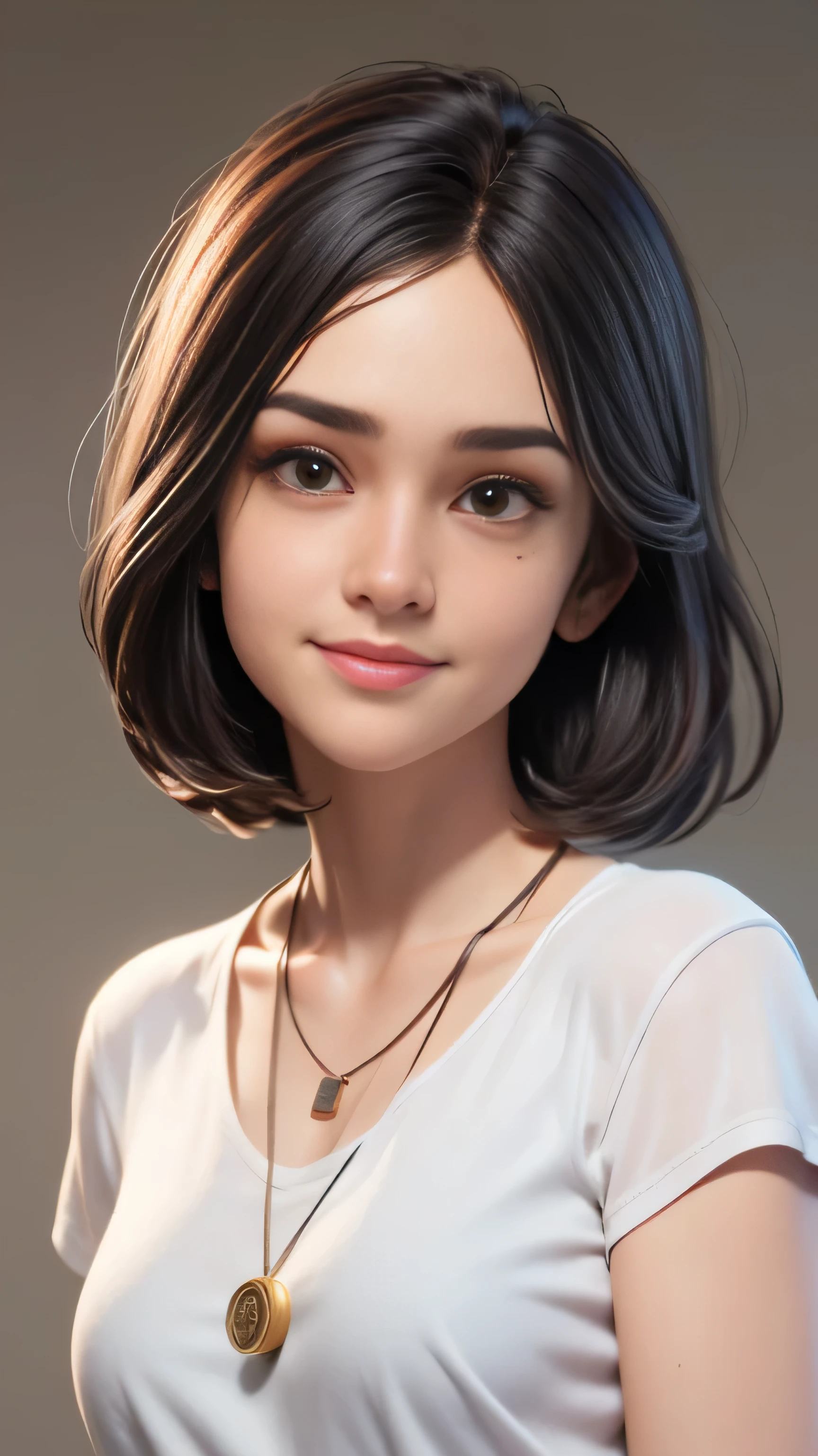 masterpiece,best quality,3d rendering works,3DMM style,close-up,portrait,3D,1girl,solo,necklace,freckles, ,looking at camera ,realistic,upper body,simple background,bangs,face scout, closed lips ,he smile, lips, makeup, moles, , shirts, watermarks, short hair, dark hair, mature face, realism (Ana de Armas/Actress)