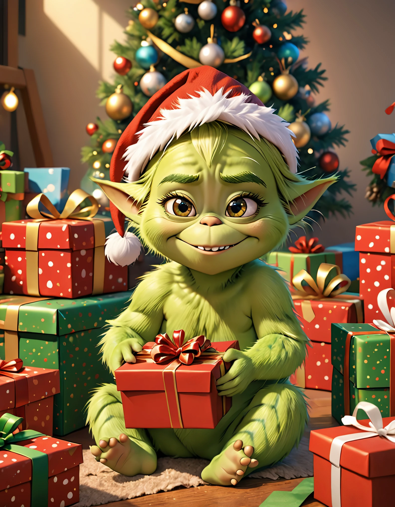 Pixar animation, detailed skin texture,a highly detailed, Fluffy baby Grinch opening gifts for Christmas, Photography
