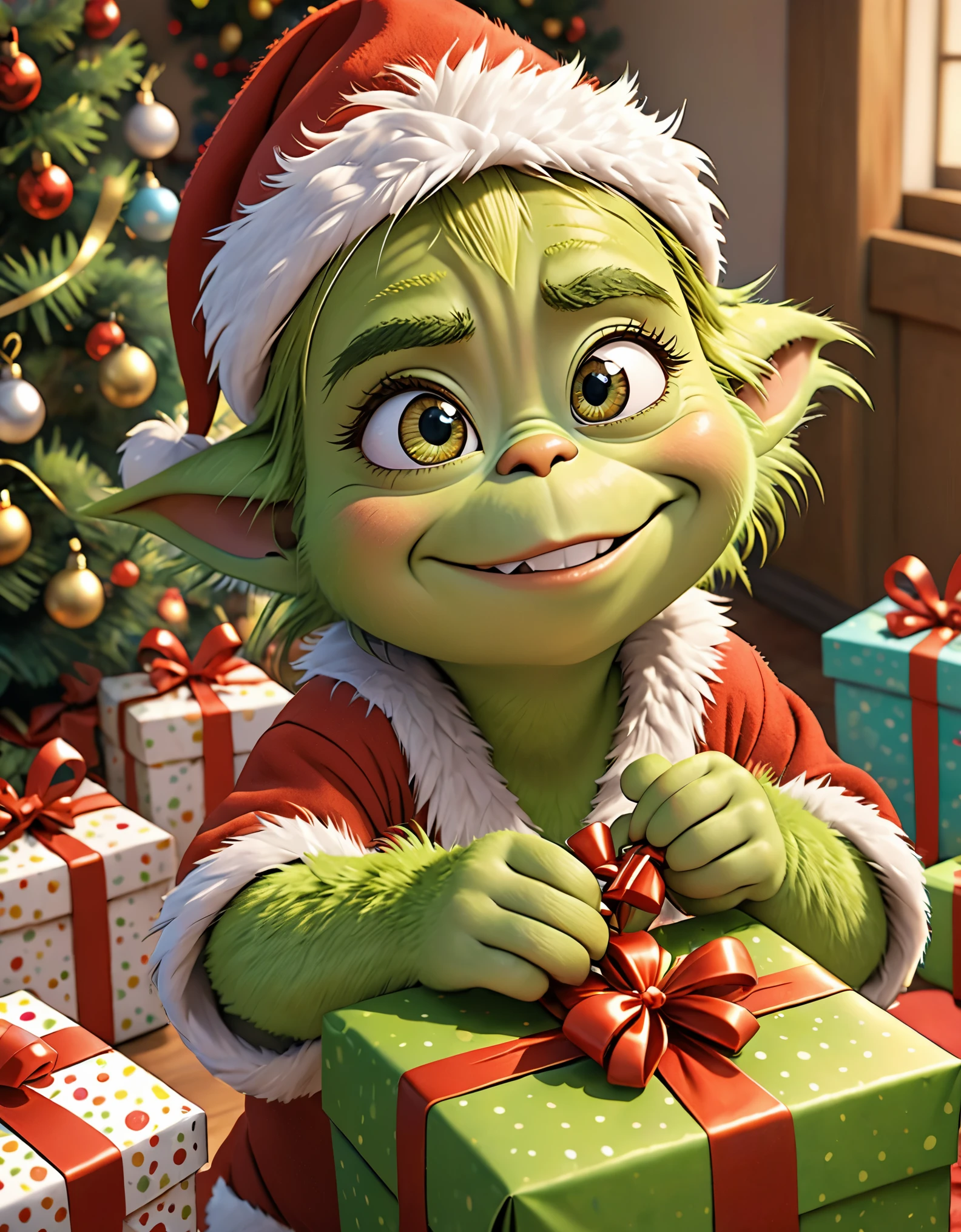 Pixar animation, detailed skin texture,a highly detailed, Fluffy baby Grinch opening gifts for Christmas, Photography