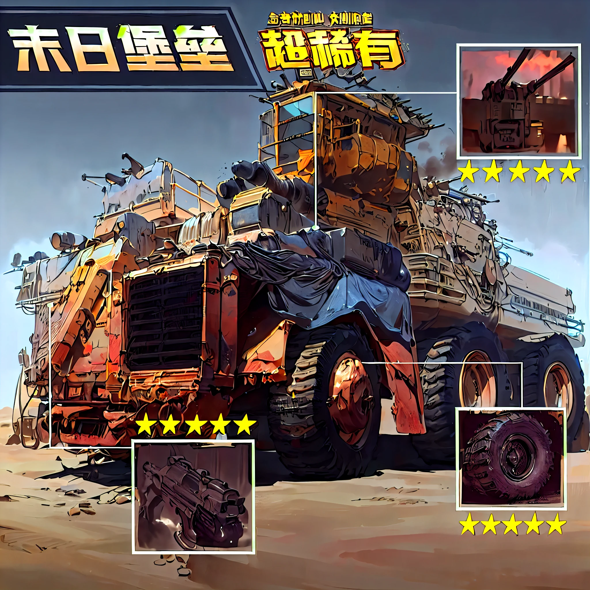 Araf truck with big guns and big truck with big guns, anime art vehicle concept art, Ultra high detail picture, Ultra high detail, Ultra high detailed, Super detail on every object, Super detailed pictures, Ultra high detail, Metal Slug Concept Art, Super detailed images, super detailed, super detailed, super detailed