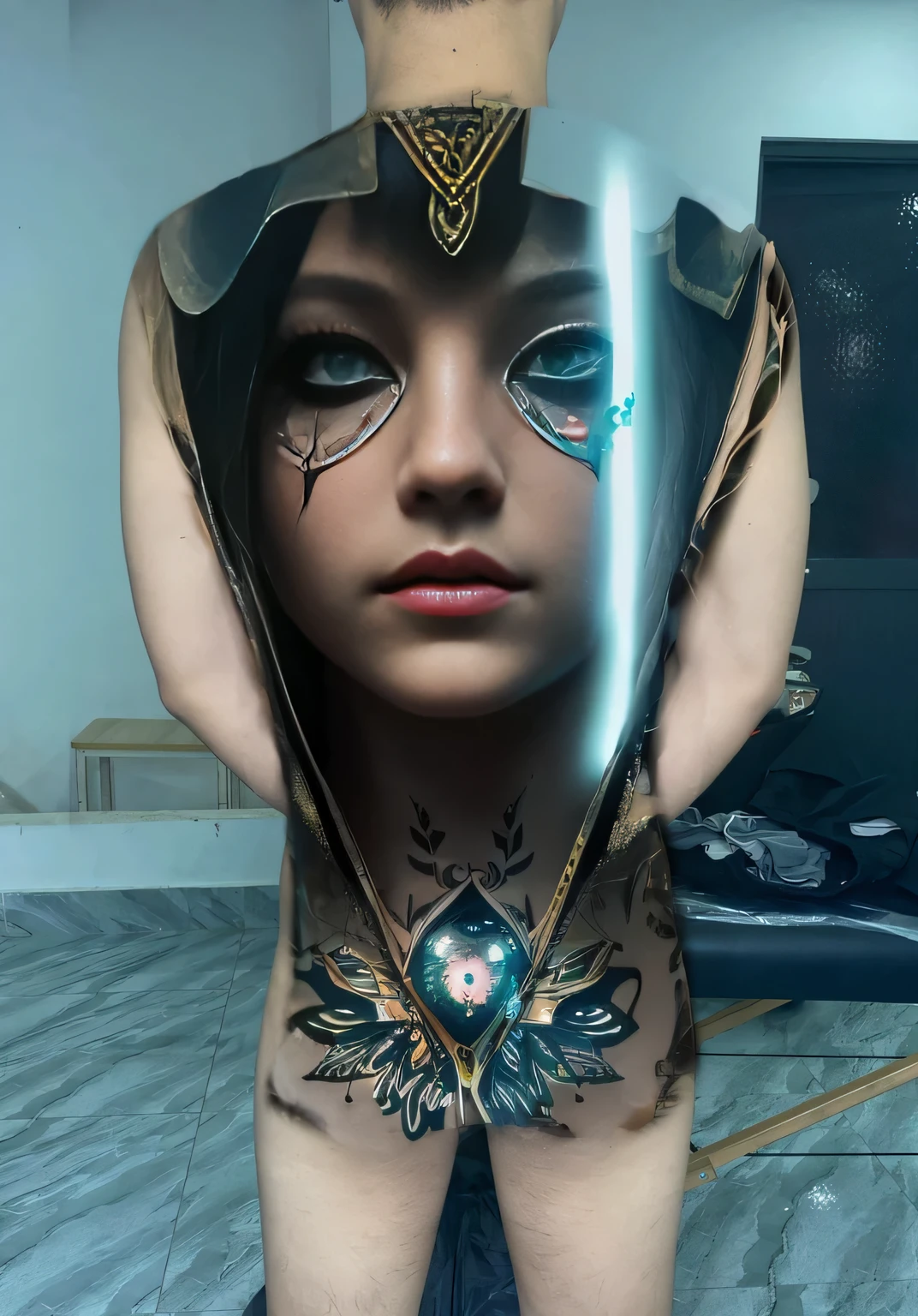 raw photo, female warrior, glowing eyes, surrounding halo, vintage lantern, details, beautiful face, realistic colors, face tattoo, glowing butterflies ,((beautiful equal eyes  )) European face(tattoo)))