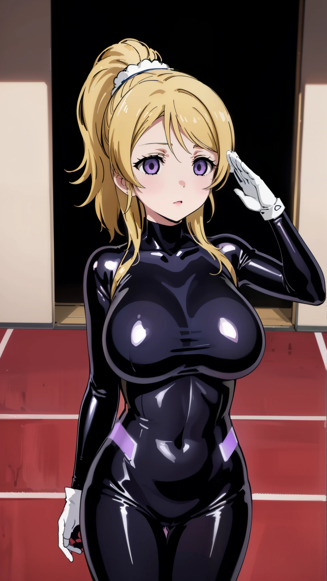 1 girl,NSFW,Eri Ayase, (lovelive), clavicle, absurd, brainwashing,Combatant, empty eyes,((purple glowing eyes 1.5))( huge breasts ), No expression, emotions are removed,((black latex tight bodysuit)),avert your eyes , whole body shape, ((stand up, salute)),(highest quality、4k、8K、High resolution、must have:1.2)、Super detailed、(reality、that's reality的な、reality的な:1.37)、ticker、hyper hd、studio lighting、ultra definition paint、sharp focus、Physically based rendering、extreme details、Professional specifications、vibrancy and color、blurry、sports portrait、landscape、horror style、anime big breasts、SF、photograph、concept artist、five fingers, perfect body, {{{masterpiece}}}, {{{highest quality}}}, {{Super detailed}}, {shape}, {{very delicate and beautiful}},Improved cost performance、all roles、Canon 5D MK4でphotograph、photograph,