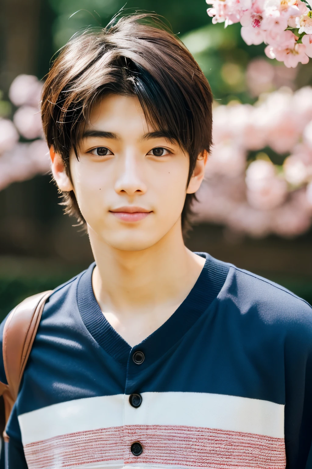 Photo realsitic, 8K, full body, poster, One Beautiful Boy, Japanese, An 18-year-old man, A charming expression, detailed face details, TOKYO city, Spring, Shibuya in the background