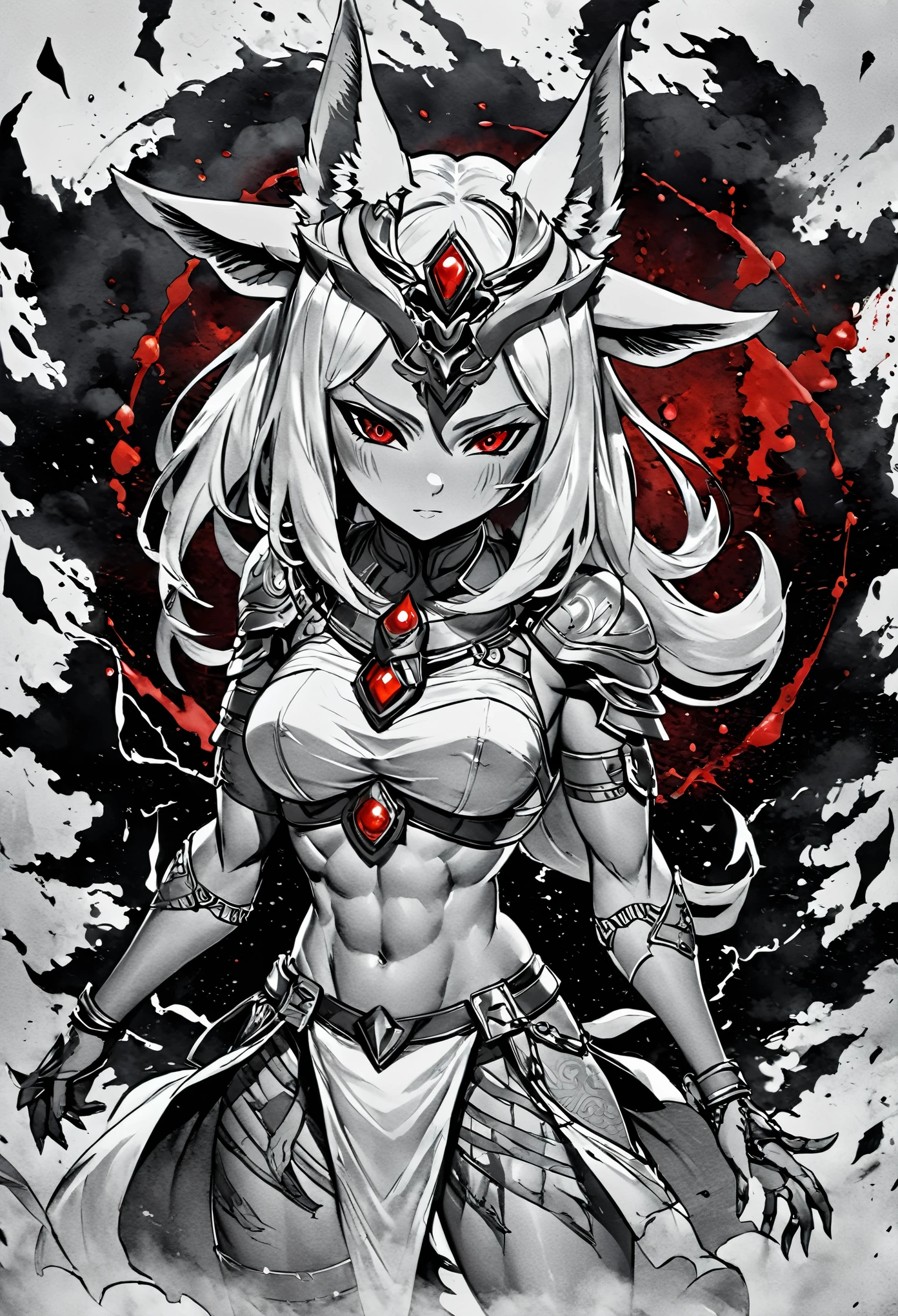 NSFW, Solo, sexy dog woman, ((furry)), albino fur, long white hair, floppy ears, bushy tail, Canus Majori Priestess, Revealing Priestess Armor, Dog Furry, Eyes Glowing red, ((Glowing red Runes On Body, Glowing Runes On Forehead)), Channeling red Magic In Both Hands, Wounded, Bleeding Heavily, Bruises, Injured, Ripped Clothes, blood:1.3, White Background, Character Design Sheet, Multiple Views 