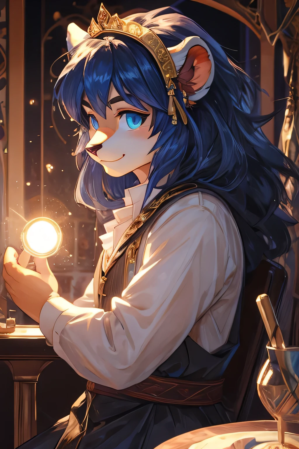 Hairball, Vins, Long eyelashes, solid round eyes, fake animal ears, Smile, red ears, direction, striped hair, light blue hair, dark blue hair, big hair, Hair, shiny hair, comb hair back, Hair ring, Heart Og, aqua eyes, gradient eyes, rhomboid pupil, students shine, shadow, relief, Stereo view, vertical painting, View, Reference table, Figures, lens flare, 8K, Super details, precise, best quality,lion,Miss,white and gold clothes,Pleasure