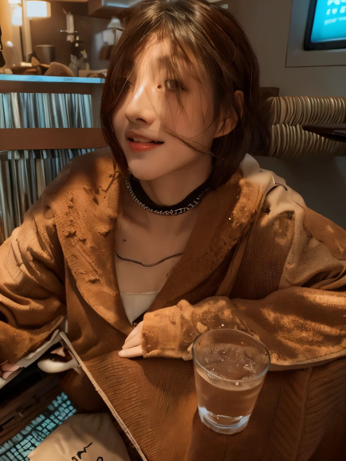 (masterpiece:1.3), (8K, Photoreal, RAW photo, best image quality: 1.4), Japanese high school girl、(random hairstyle:1.2)、cleavage:1.2、super detail face、eye for details、double eyelid、chest to chest、sharp focus:1.2、Beautiful woman:1.4、light brown hair、highest quality、masterpiece、超A high resolution、(Photoreal:1.4)、Highly detailed and professionally lit smiles、loose and light knitwear、show your shoulders、thin、serious expression、short haired、deadly position