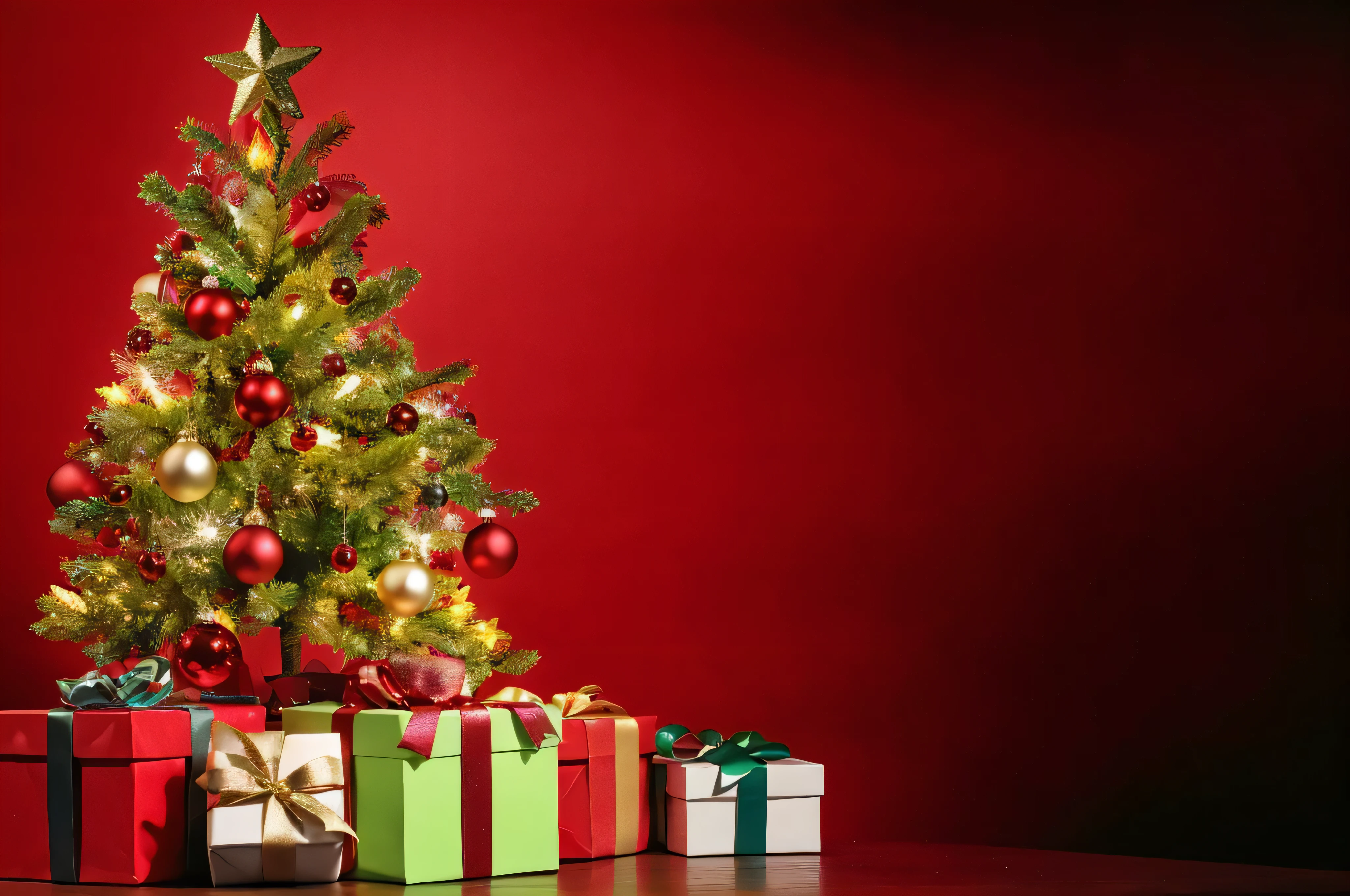 there is a christmas tree with presents on a table, presents, gifts, christmas tree, istock, shutterstock, giving gifts to people, holiday season, on a red background, holiday, a super-smart, rich tree, alamy stock photo, christmas night, red and green color scheme, stock photo, detailed image, vibrant red and green colours