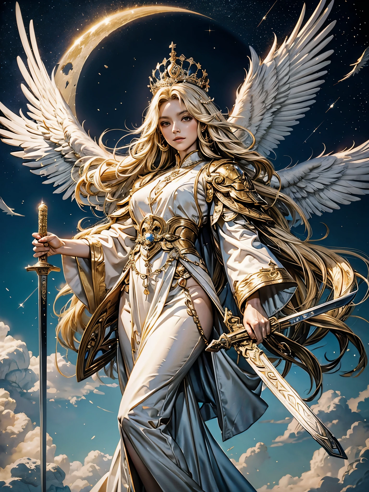 The heroine of national comics，[Douluo Dalu]，[God of angels]，[Qian Renxue]；bust portrait，Long hair parted in the middle；yellow hair，golden tiara；White and gold clothes，Big snow-white wings on the back，Hold the holy sword in your hand，sacrosanct。floating in the clouds，Shine brightly，Sun, moon and stars；clear lines，Stroke，anime style。HD quality，8K，masterpiece。（Sound limbs，Fix hand details，anatomically logical）