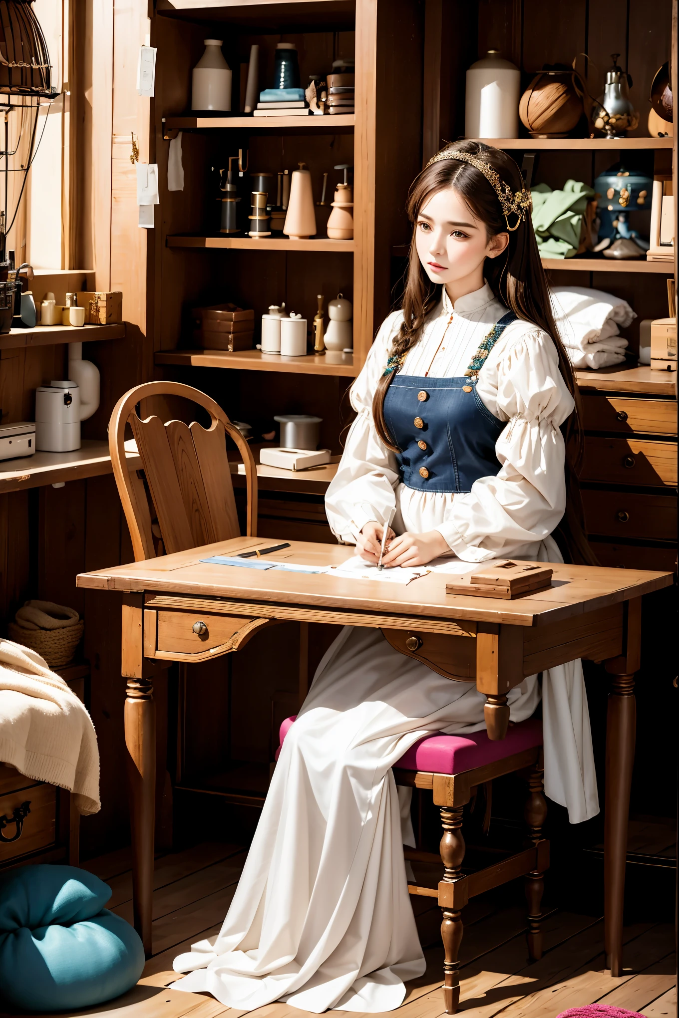 best quality,4k,8k,highres,masterpiece:1.2,ultra-detailed,realistic,photorealistic:1.37,a girl in a tailor shop,fine needlework,vintage sewing machine,sewing scissors and measuring tape,delicate fabric patterns,fashionable outfit design,a colorful spool of thread,precise embroidery and stitching,beautiful detailed eyes,beautiful detailed lips,attentive expression,sewing patterns and sketches,sewing mannequin with dress form,mannequin pins and pin cushion,shelves filled with fabric rolls and ribbons,vibrant colors and textures,soft natural lighting,sewing notions and tools,sewing buttons and zippers,needle and thread,sewing thimble and pincushion,sewing patterns and fabrics,rustic wooden worktable and stool,vintage sewing patterns,seamstress working on a sewing project,scissors cutting through the fabric,piles of finished garments,passionate and skilled craftsmanship,sewing machine pedal and footplate,bustling atmosphere of the tailor shop,creative and inspiring environment,a glimpse of a beautifully tailored dress,background of fashion sketches and fashion magazines