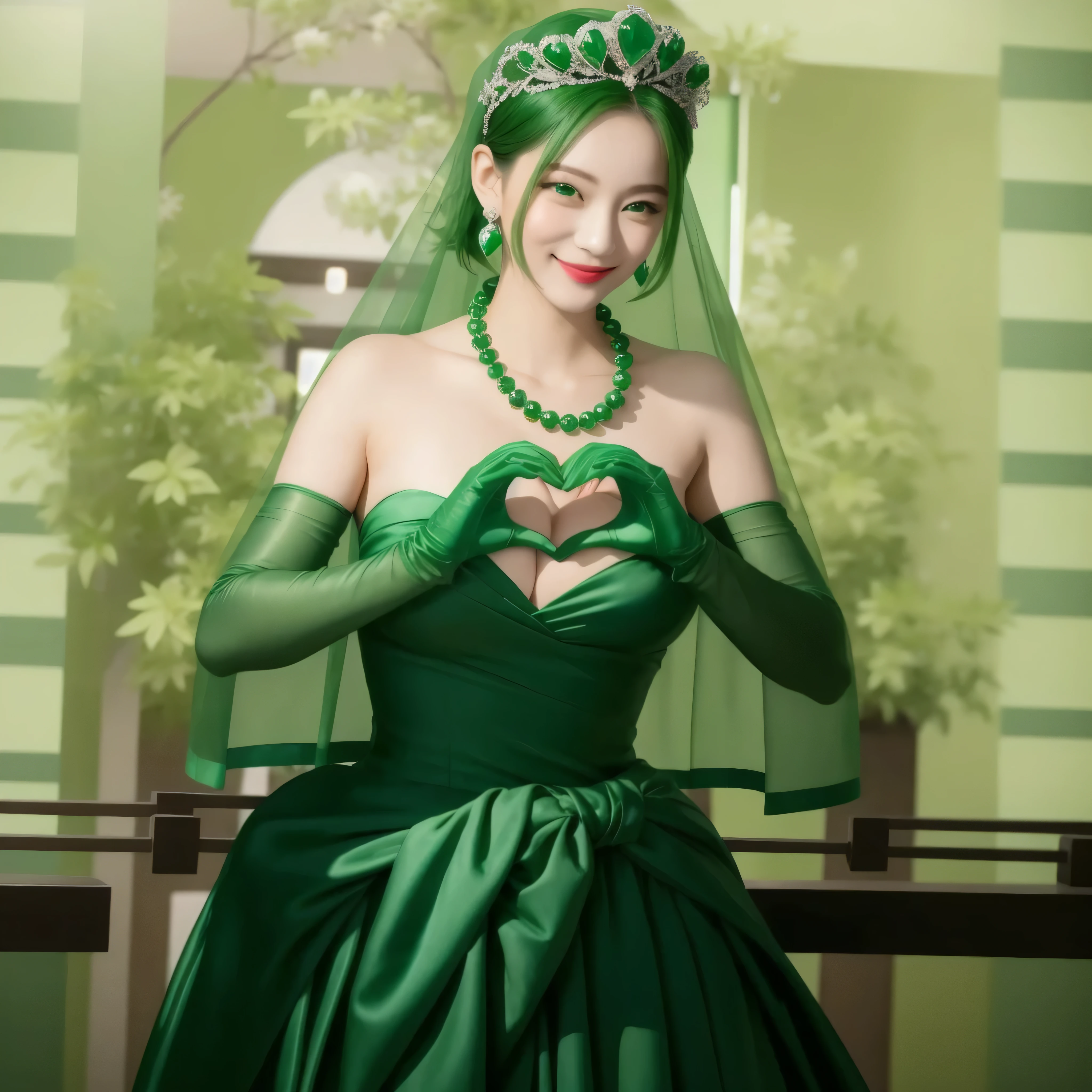 emerald tiara, green pearl necklace, boyish very short green hair, green lips, smiling Japanese woman, very short hair, Beautiful woman with big breasts, green eyes, green satin long gloves, green eyes, emerald earrings, green veil, Heart with both hands, green hair, beautiful japanese woman, heart shaped hands:1.3, green lip gloss